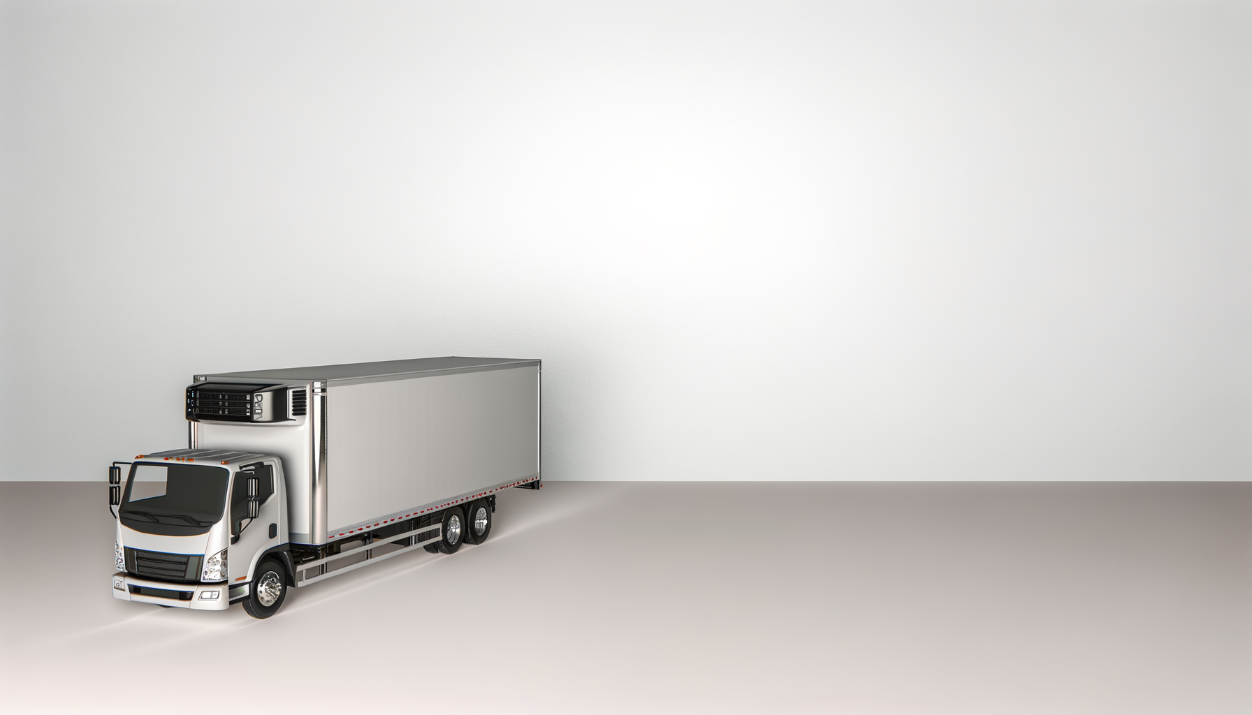 A white refrigerated box truck parked on a plain surface against a blank background.