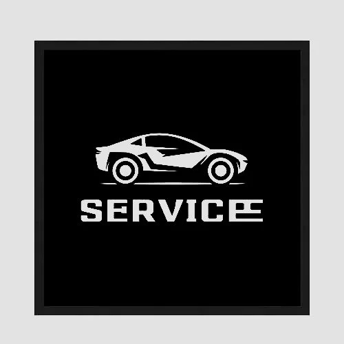 Black square sign with a white outline of a sports car and the word 'SERVICE' below it.