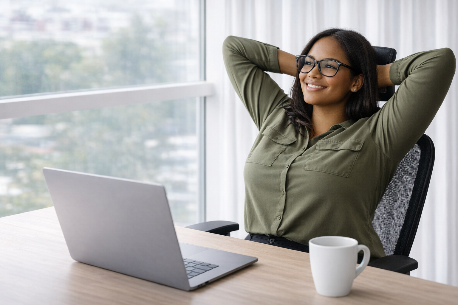 Woman in glasses sitting at a desk with a laptop, smiling with hands behind her head, next to a coffee mug, in a bright office with large windows