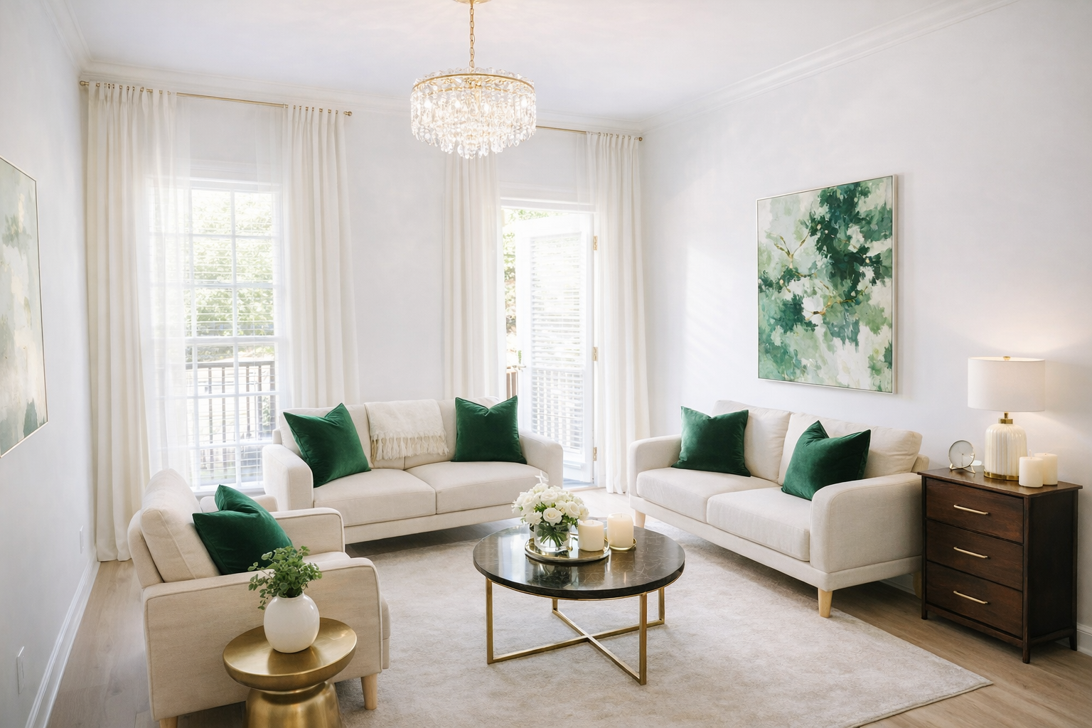 Bright living room with white walls and furniture, green accent pillows, a hanging chandelier, large windows with curtains, a dark round coffee table with candles and flowers, and a dark wooden side table with a lamp and decor.