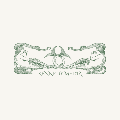Symmetrical illustration of two mermaids with long hair, facing each other, with a crab in the center, and the text "Kennedy Media" beneath.