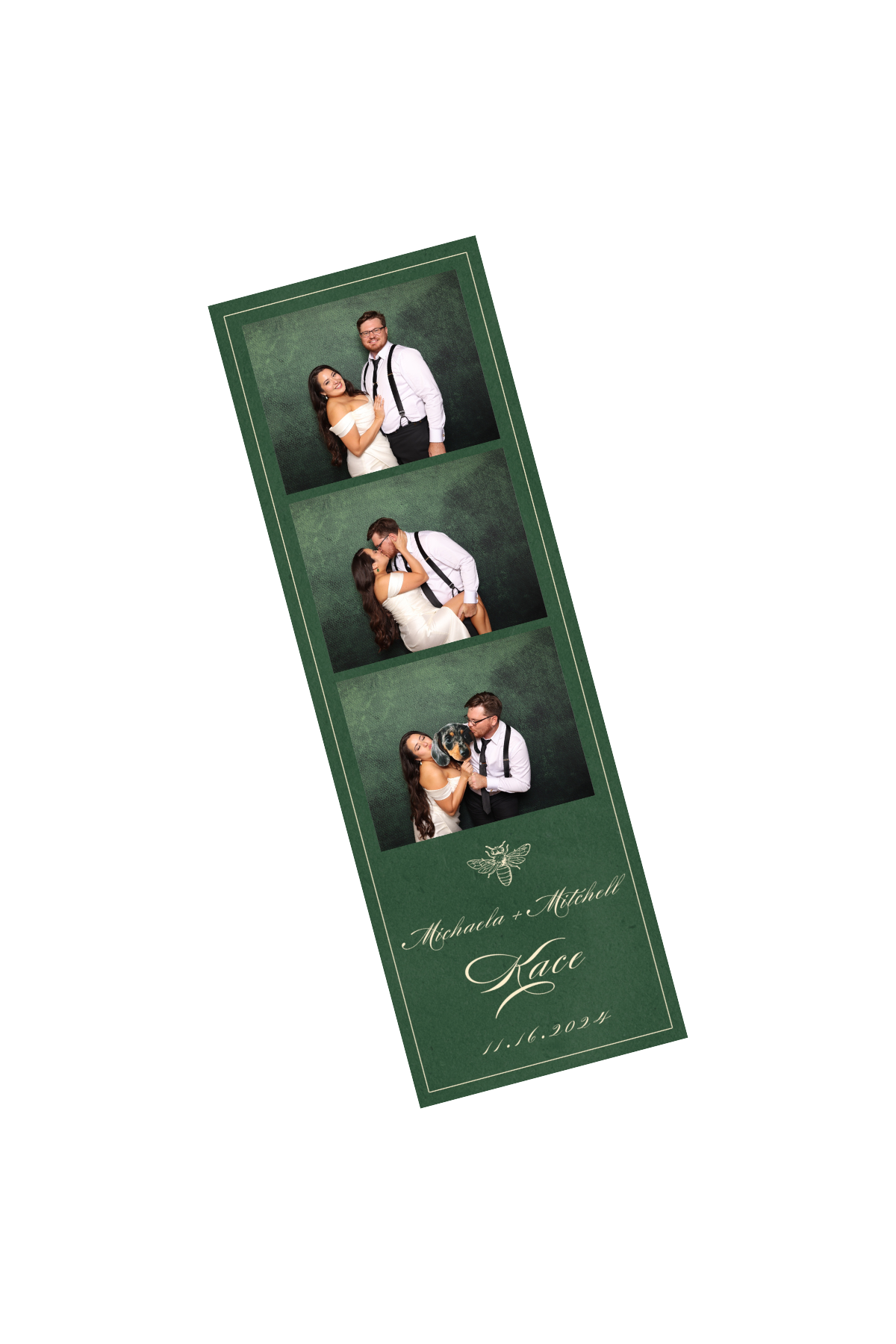 A photo booth strip with three pictures of a couple and a dog, with wedding details and names: 'Michala + Mitchell, Kace, 11.16.2024' on a green background.