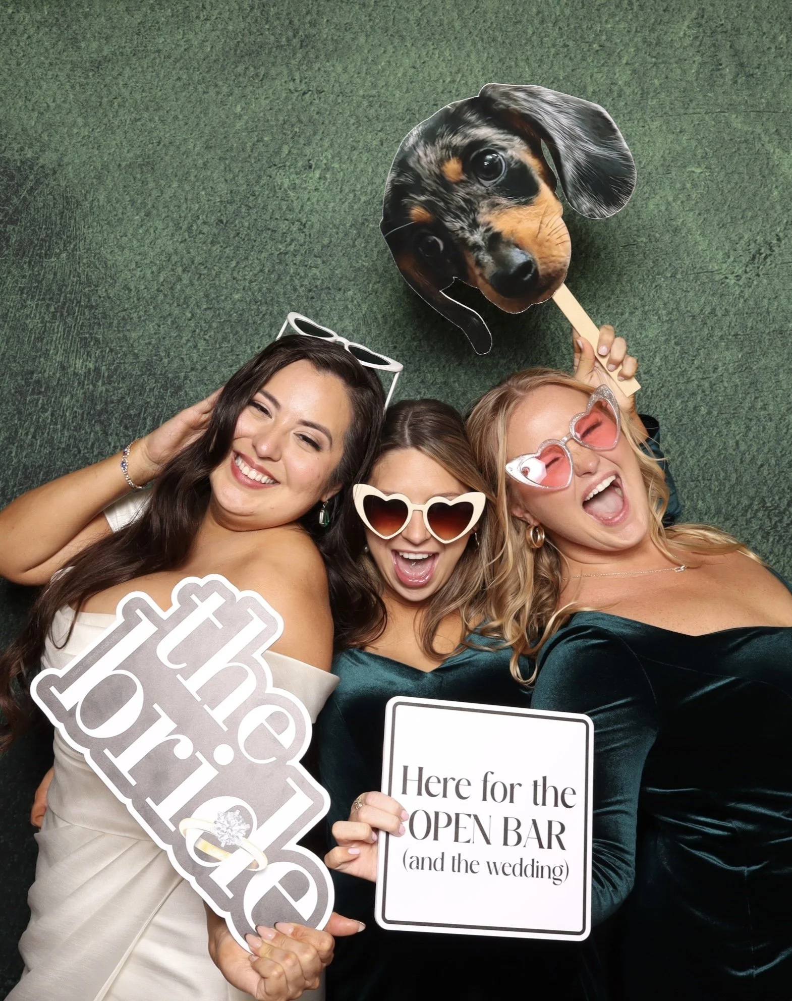 Three women at a celebration, holding signs and wearing sunglasses, lying on a green carpet, with a dog face cutout prop.