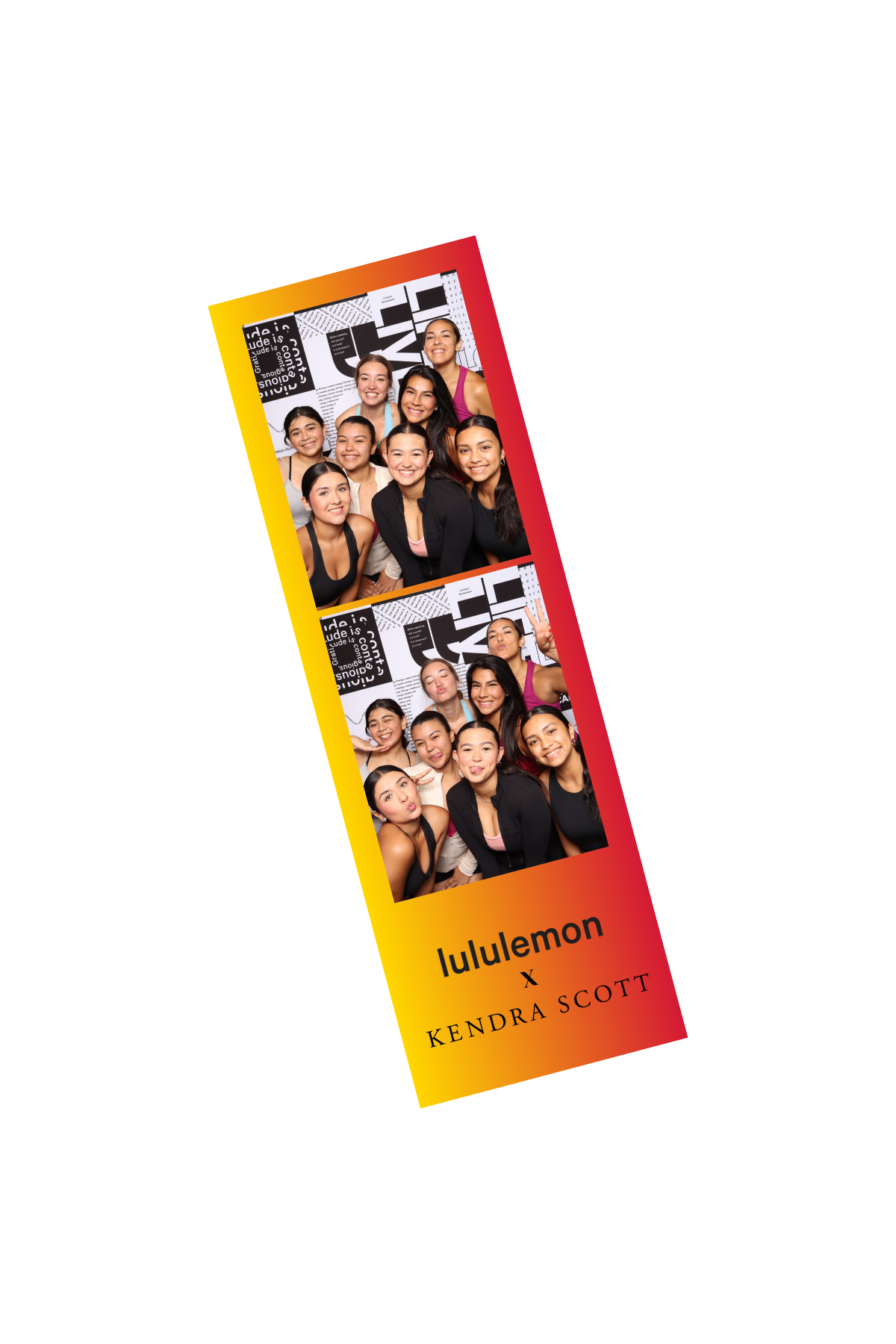 Photo booth strip with three images of smiling young women at a Lululemon and Kendra Scott event, with a red and yellow background and the text "lululemon x KENDRA SCOTT" at the bottom.
