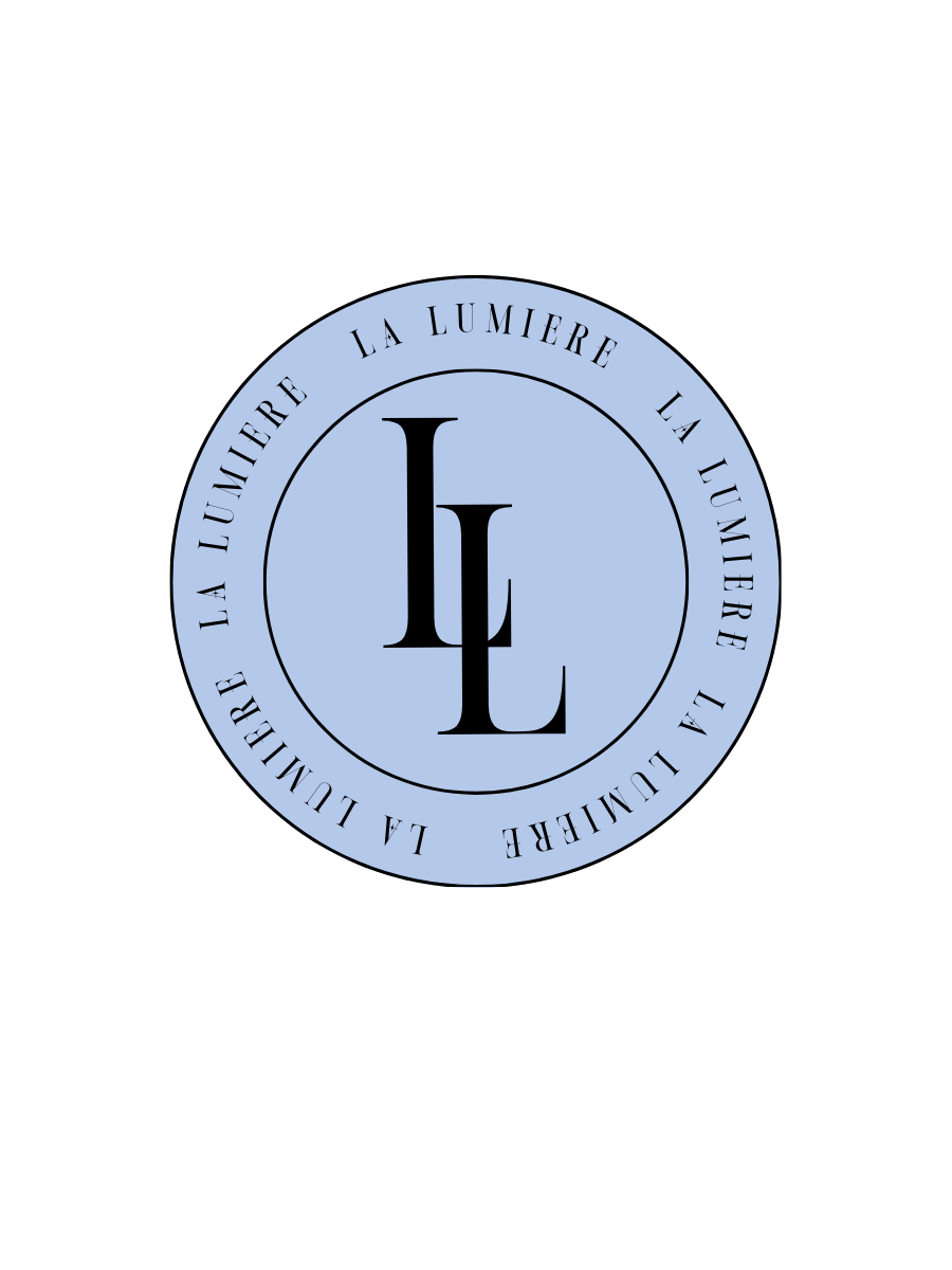 Circular logo with a black background, a light blue inner circle with the text 'LA LUMIÈRE' repeated around the perimeter, and a stylized monogram 'LL' in black at the center.