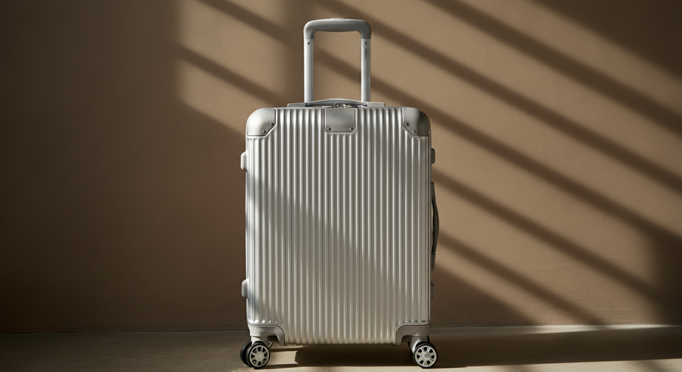 A silver, hard-shell suitcase with a ridged exterior, four spinner wheels, and a telescoping handle, standing on a wooden floor against a beige wall with shadow stripes.
