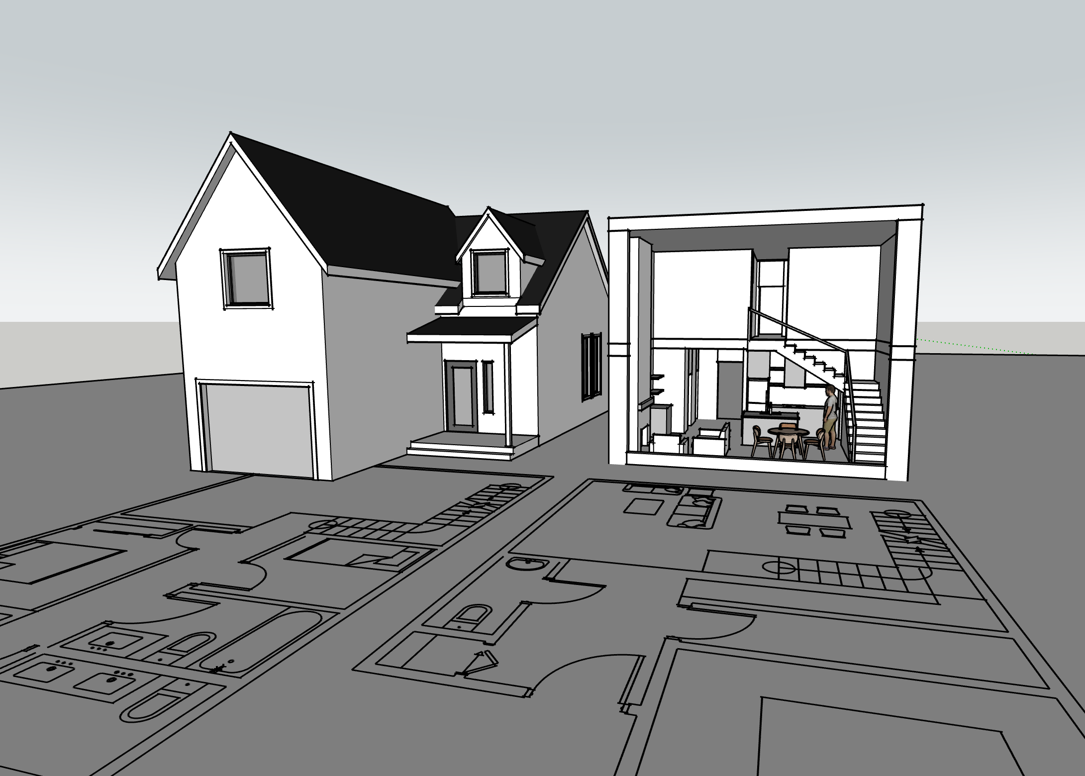 A 3D architectural rendering of a two-story house with a cutaway view showing the interior. The exterior includes a garage and front porch, while the interior reveals a staircase, kitchen, dining area, and living space.
