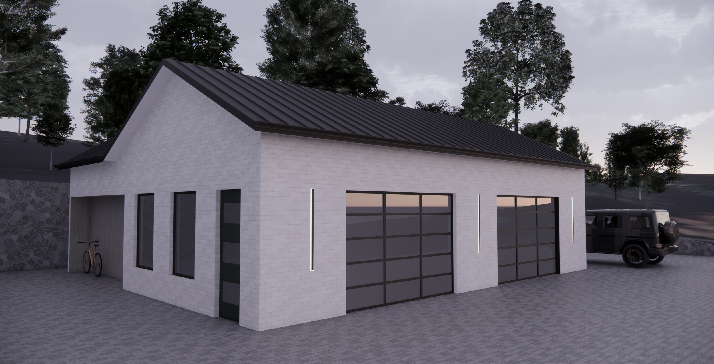 A modern garage with large windows, two garage doors, a bicycle leaning against the wall, and a black vehicle parked on a paved driveway, surrounded by trees.