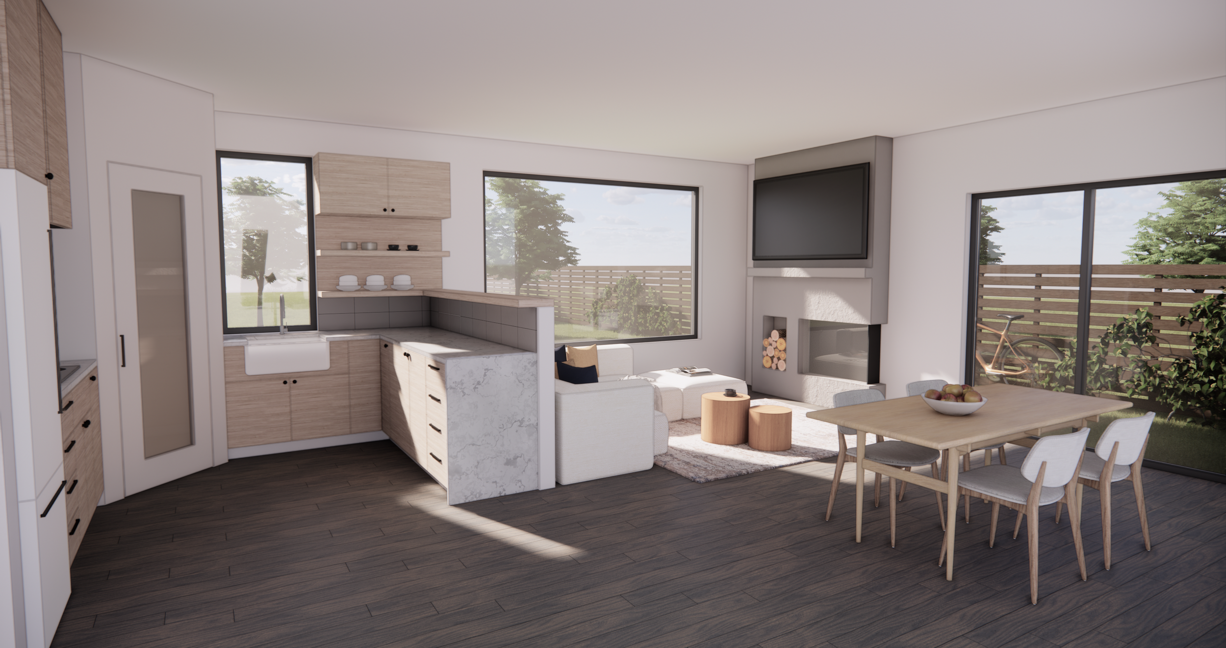 Open concept living room and kitchen with large windows, a dining table with chairs, a sofa, a TV mounted above a fireplace, and a sliding glass door to an outdoor space with a bicycle and greenery.