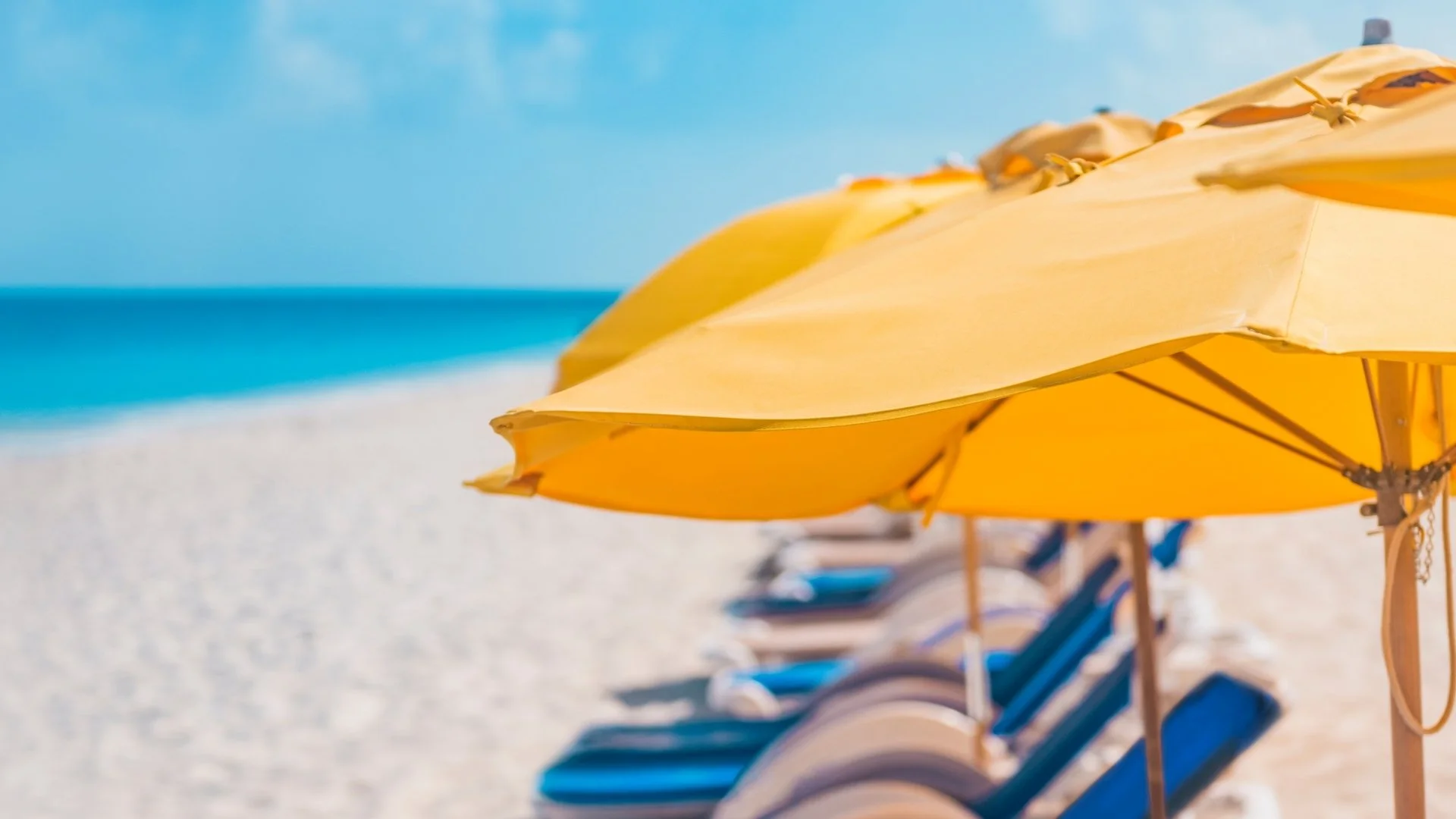 A row of yellow beach umbrellas with blue lounge chairs underneath on a sandy beach, with the ocean and blue sky in the background.