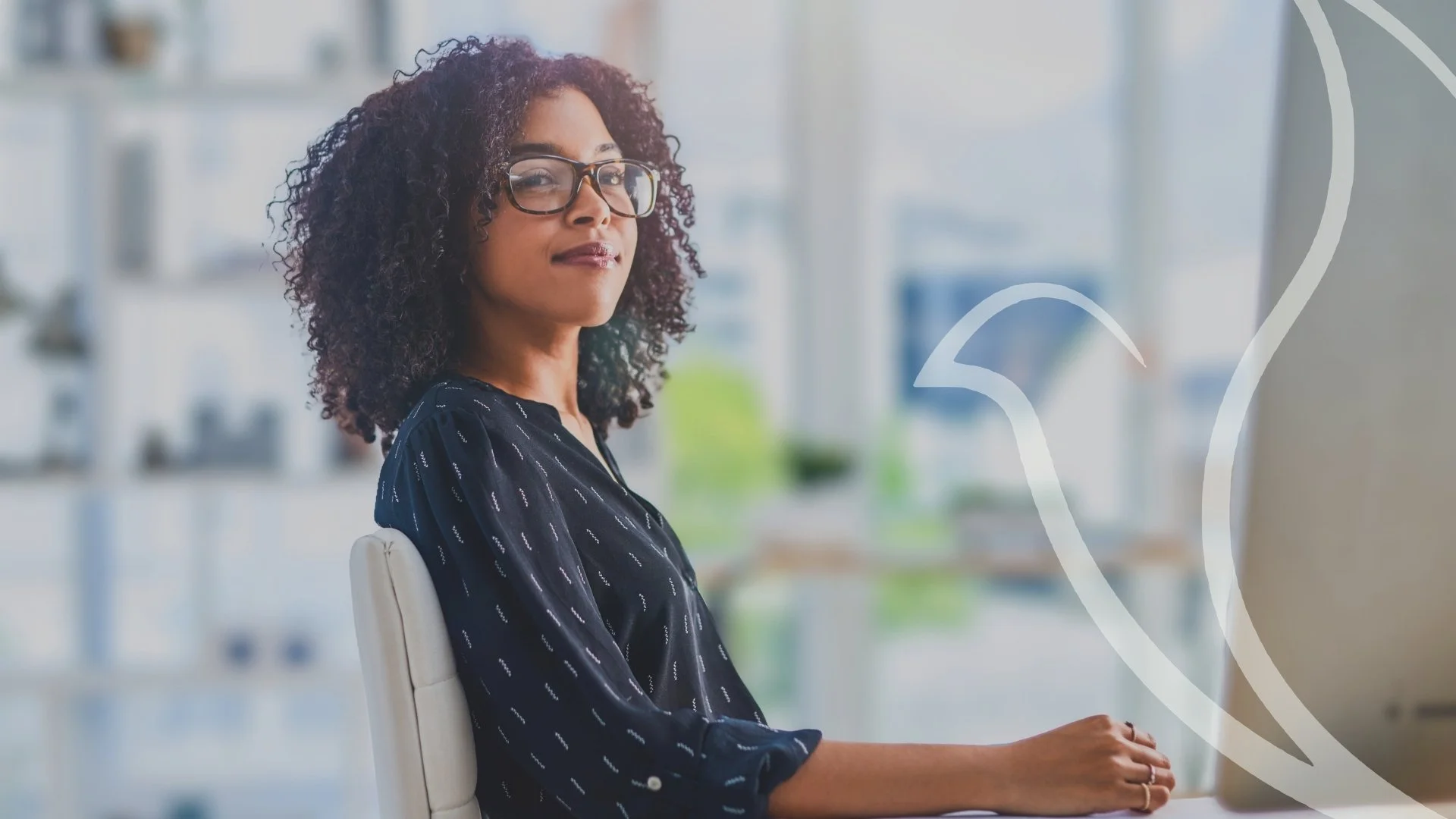 Woman with curly hair and glasses sits at a desk in a bright office, smiling softly and looking up with a calm, confident expression. A white line drawing of a dove, from the A Brighter Beginning logo, overlays the right side of the image.