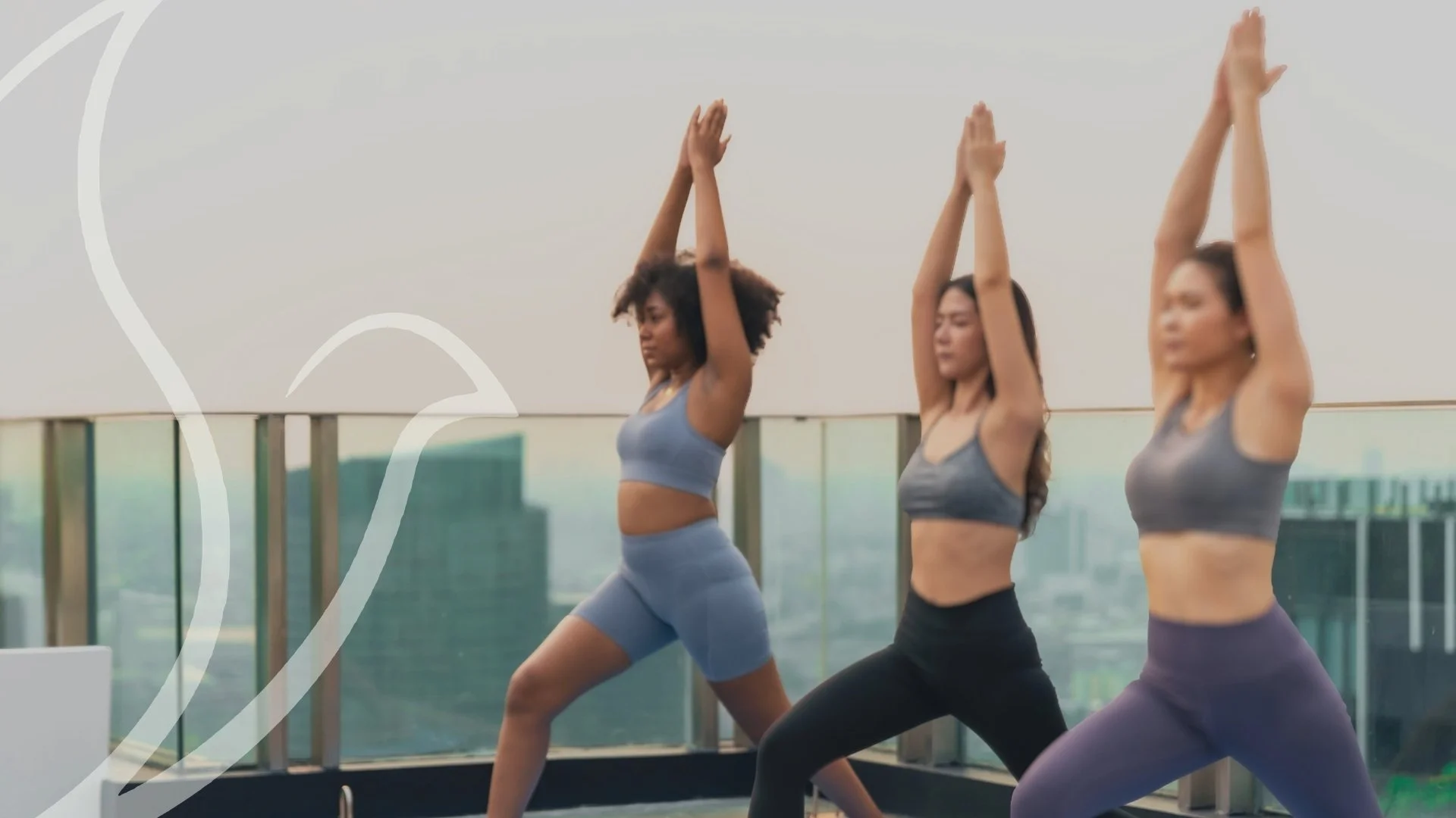 Three women stretch side by side on a rooftop overlooking the city, arms raised together, each moving at her own pace. A white line drawing of a dove, from the A Brighter Beginning logo, overlays the left side of the image.