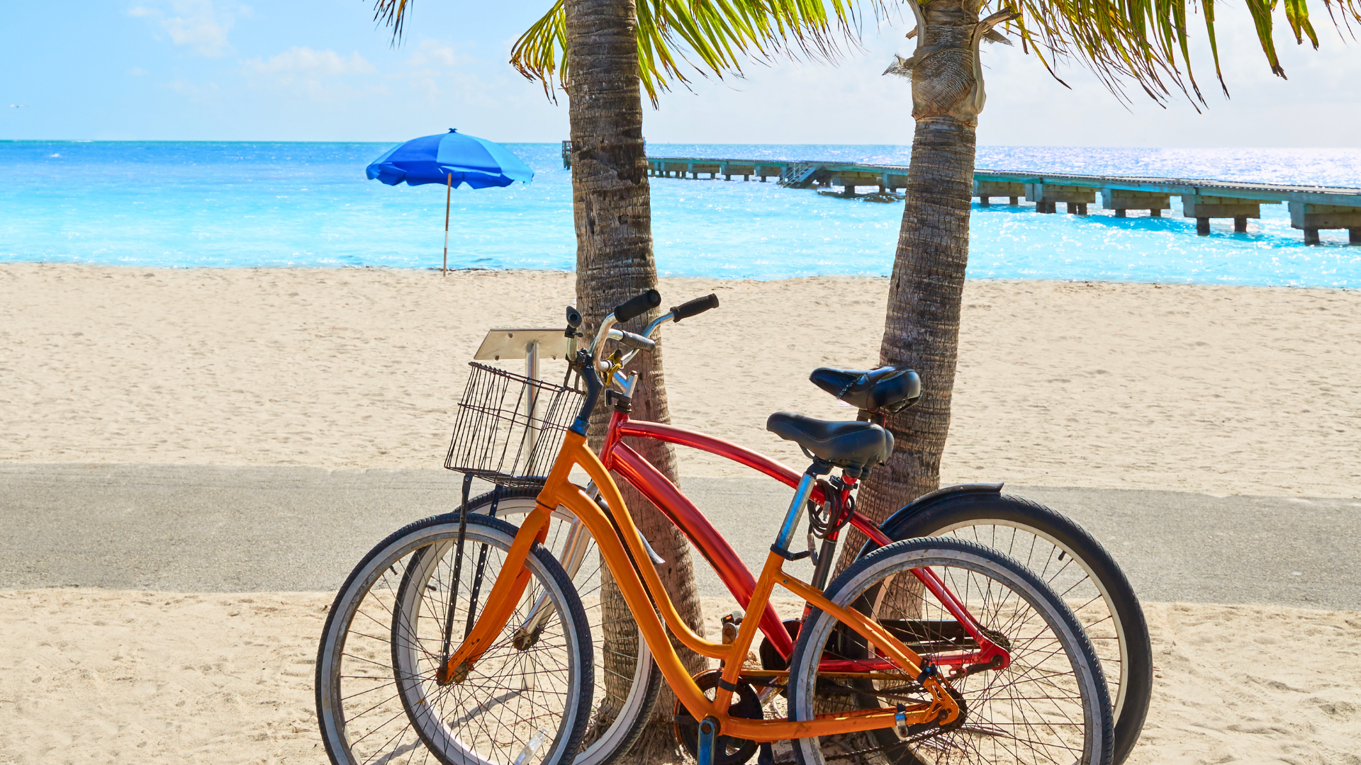 Two bicycles, one orange and one red, parked against palm trees on a sandy beach. In the background, there is a blue beach umbrella, a pier extending into the ocean, blue water, and a partly cloudy sky.