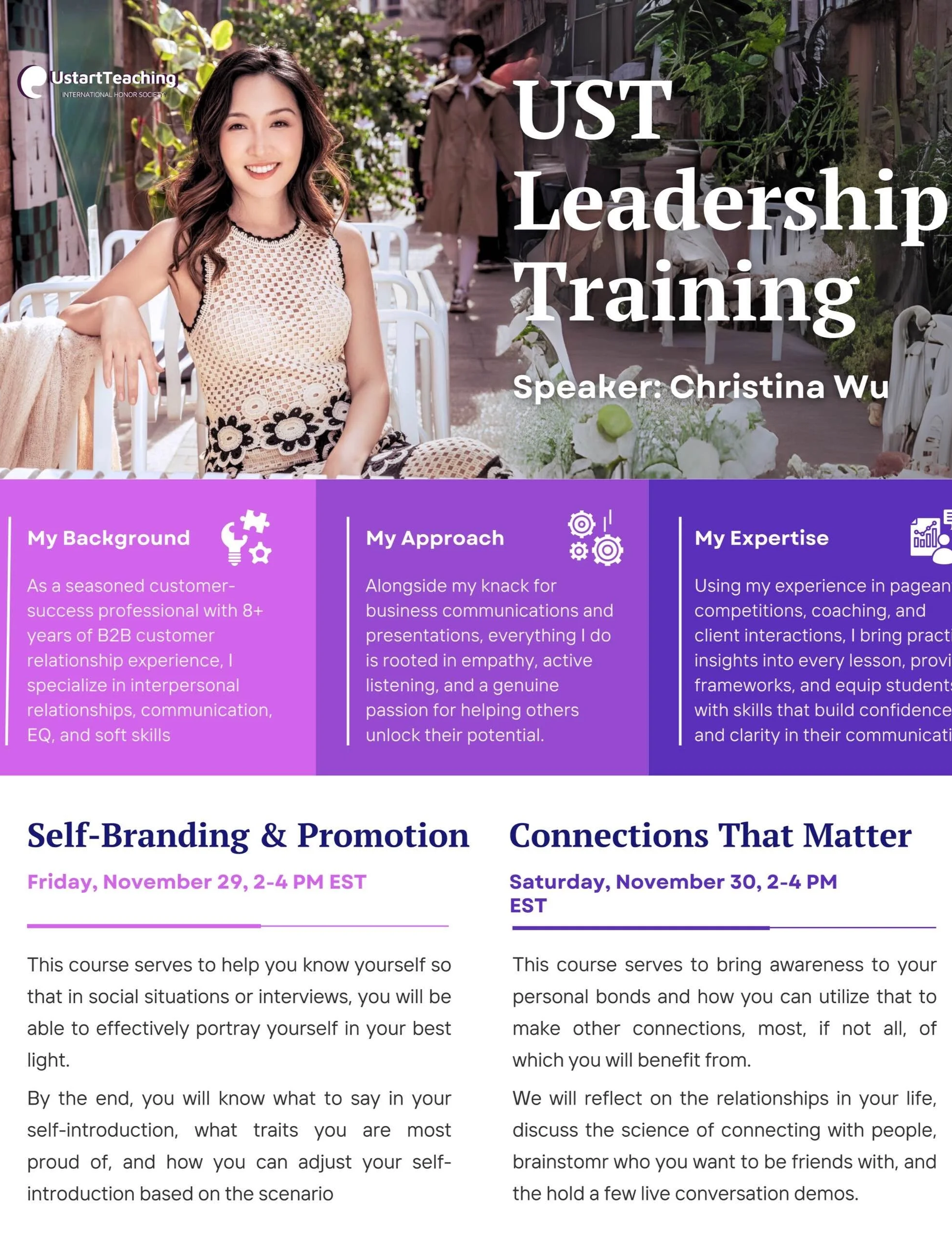 A woman sitting outside at a table near a brick wall, smiling, with people walking past in the background. The image promotes a leadership training event hosted by Ustart Teaching, featuring speaker Christina Wu.