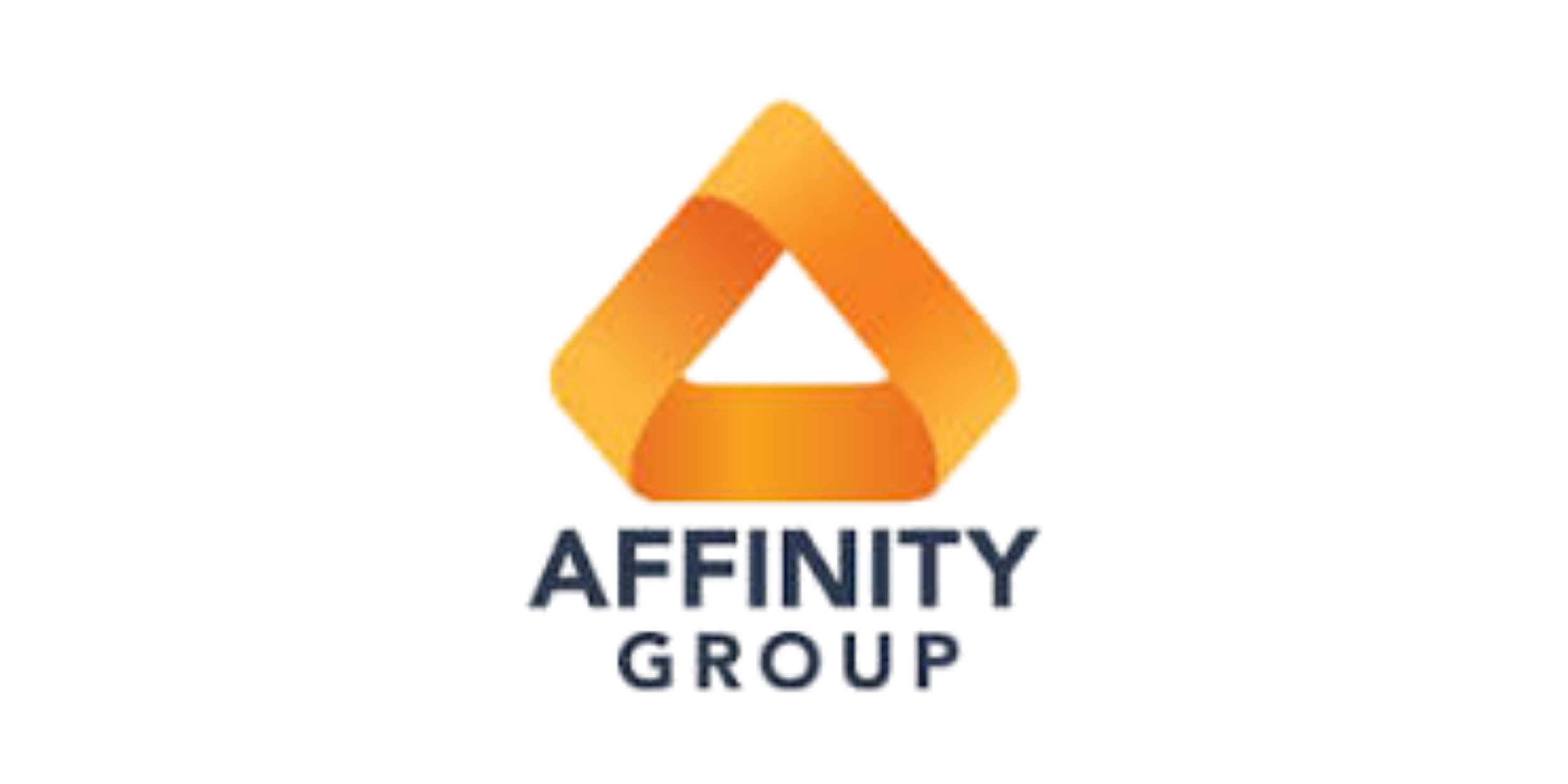 The logo of Affinity Group features an orange, three-dimensional, geometric shape resembling an open cube with a hollow triangle in the center. Underneath the shape, the words "AFFINITY GROUP" are written in dark blue capital letters.