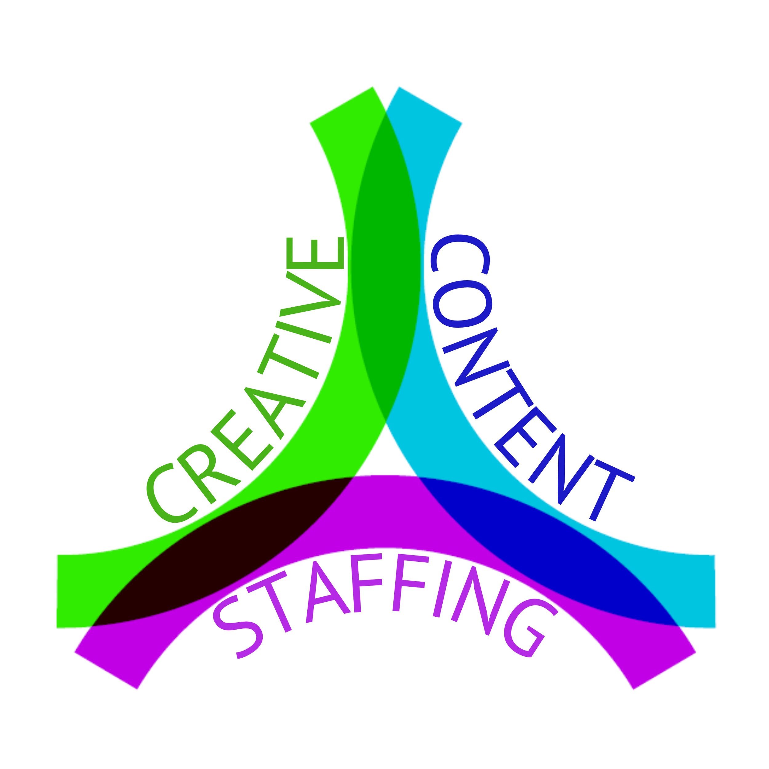 A colorful logo with three overlapping, curved ribbons labeled 'Creative', 'Content', and 'Staffing' in green, blue, and purple, respectively.