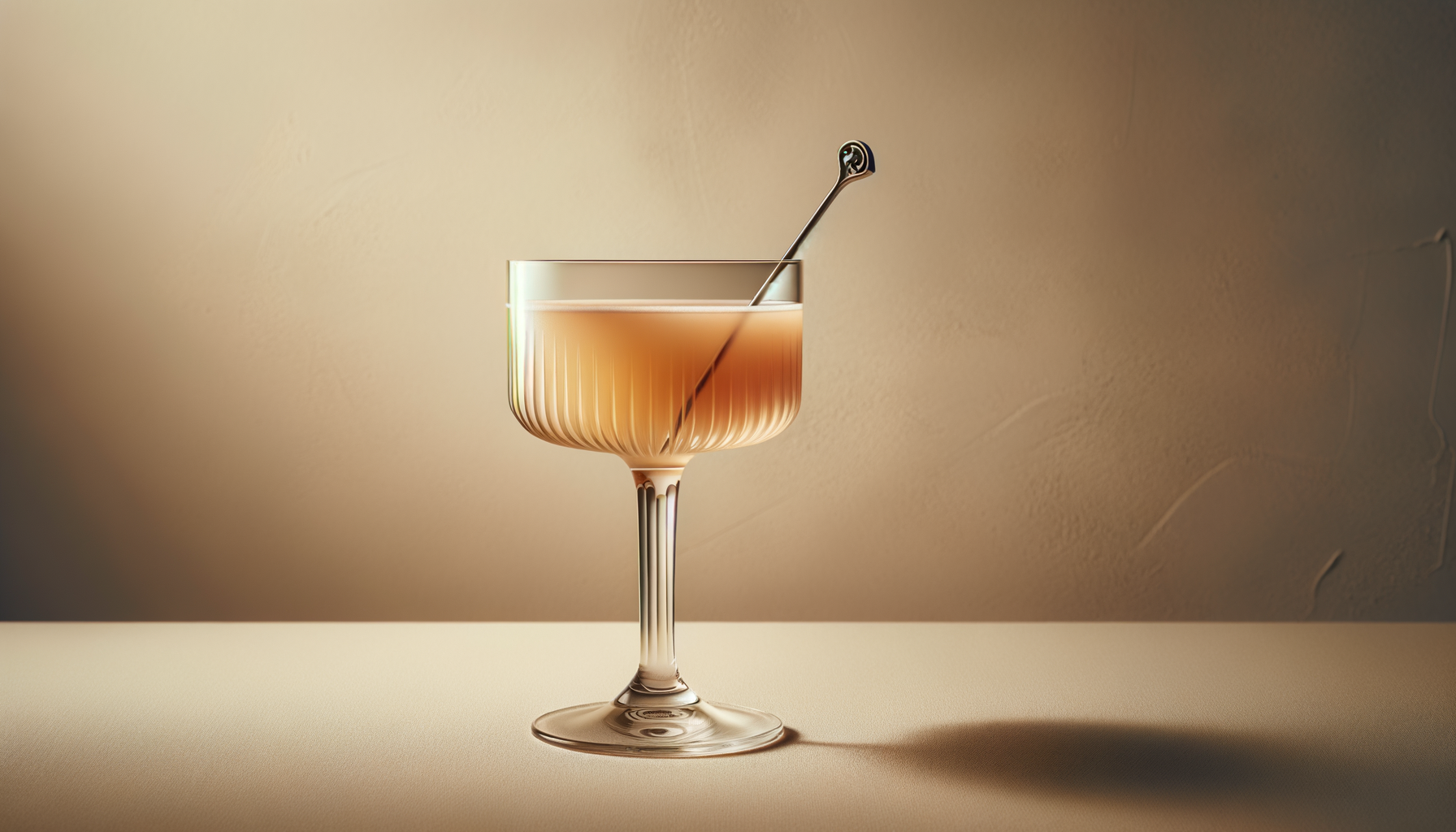 A cocktail glass with a metal straw containing a pink beverage, placed on a beige surface with a neutral background.