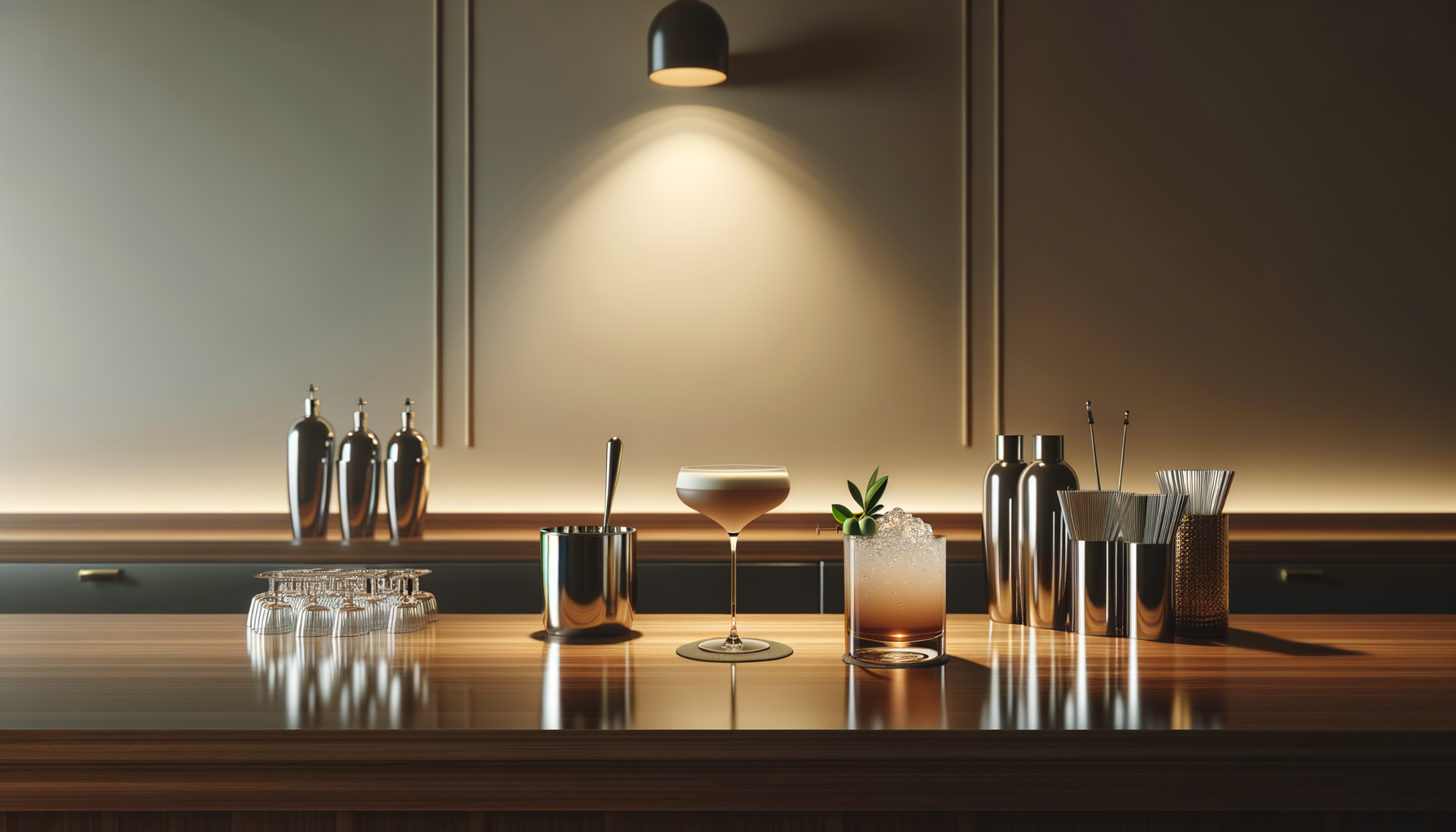 A modern bar counter with a brown wooden surface, illuminated by a wall-mounted black lamp. On the counter, there are several metal shakers, a stainless steel ice bucket with tongs, three upside-down glasses, a coupe glass with a cocktail, a glass with a layered drink and ice, and a small green plant. In the background, there are metallic bottles and utensils.