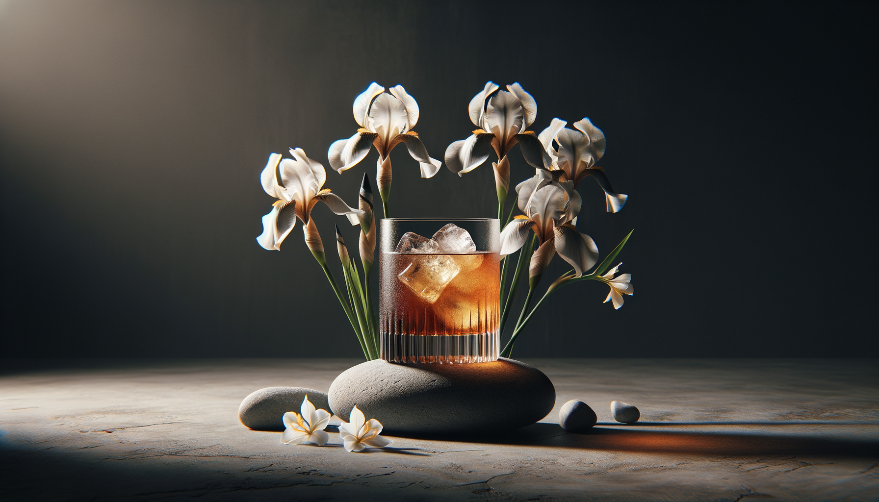 A glass of iced beverage with ice cubes, surrounded by white iris flowers and placed on smooth stones on a wooden surface, with dramatic lighting and dark background.