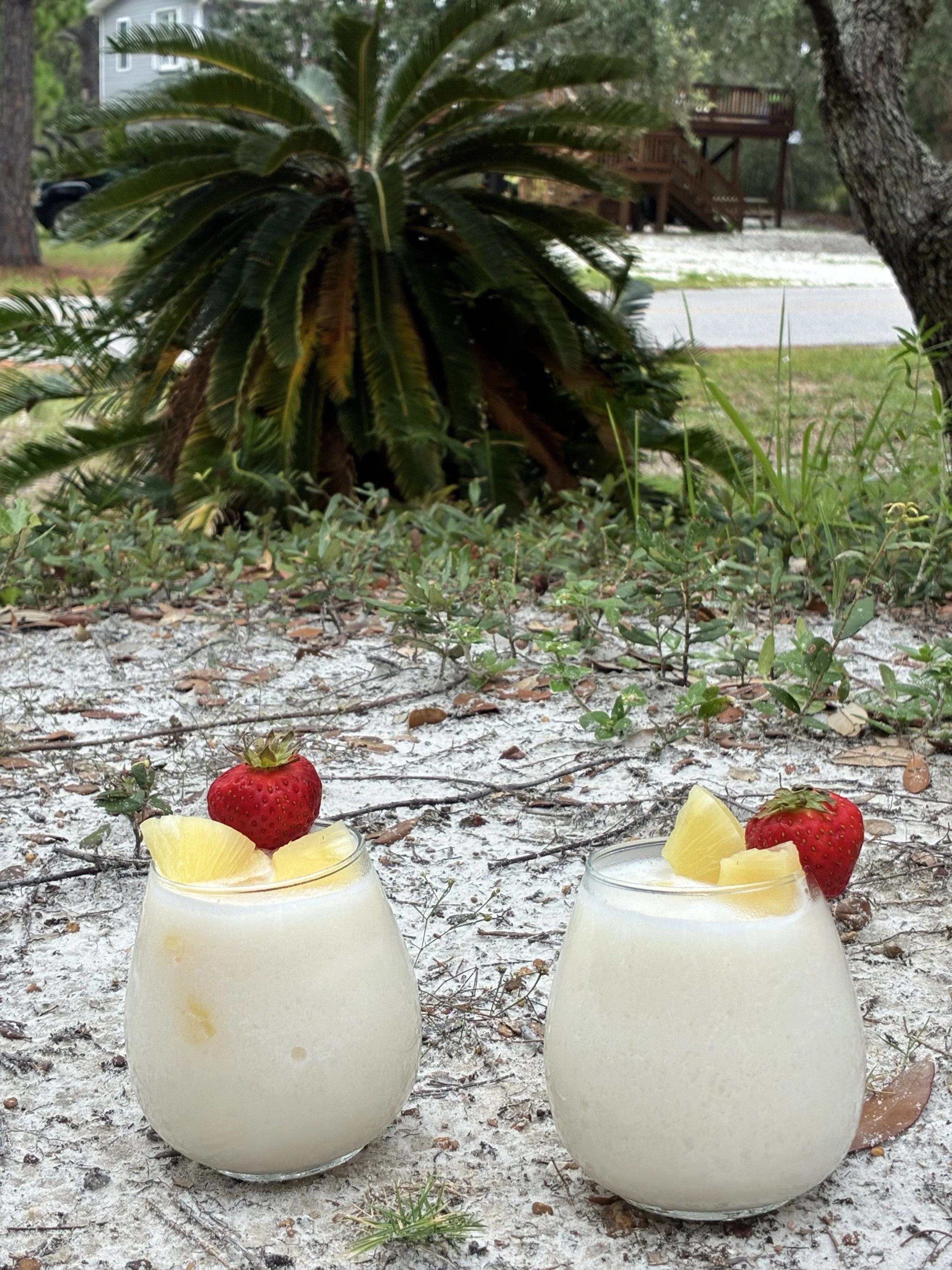 Two glasses of white pineapple-flavored beverage garnished with strawberries and pineapple chunks, placed on sandy ground with green plants and a palm tree in the background.