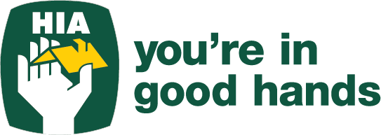 HIA logo with a white hand holding a yellow house on a green shield, next to the text "you're in good hands".