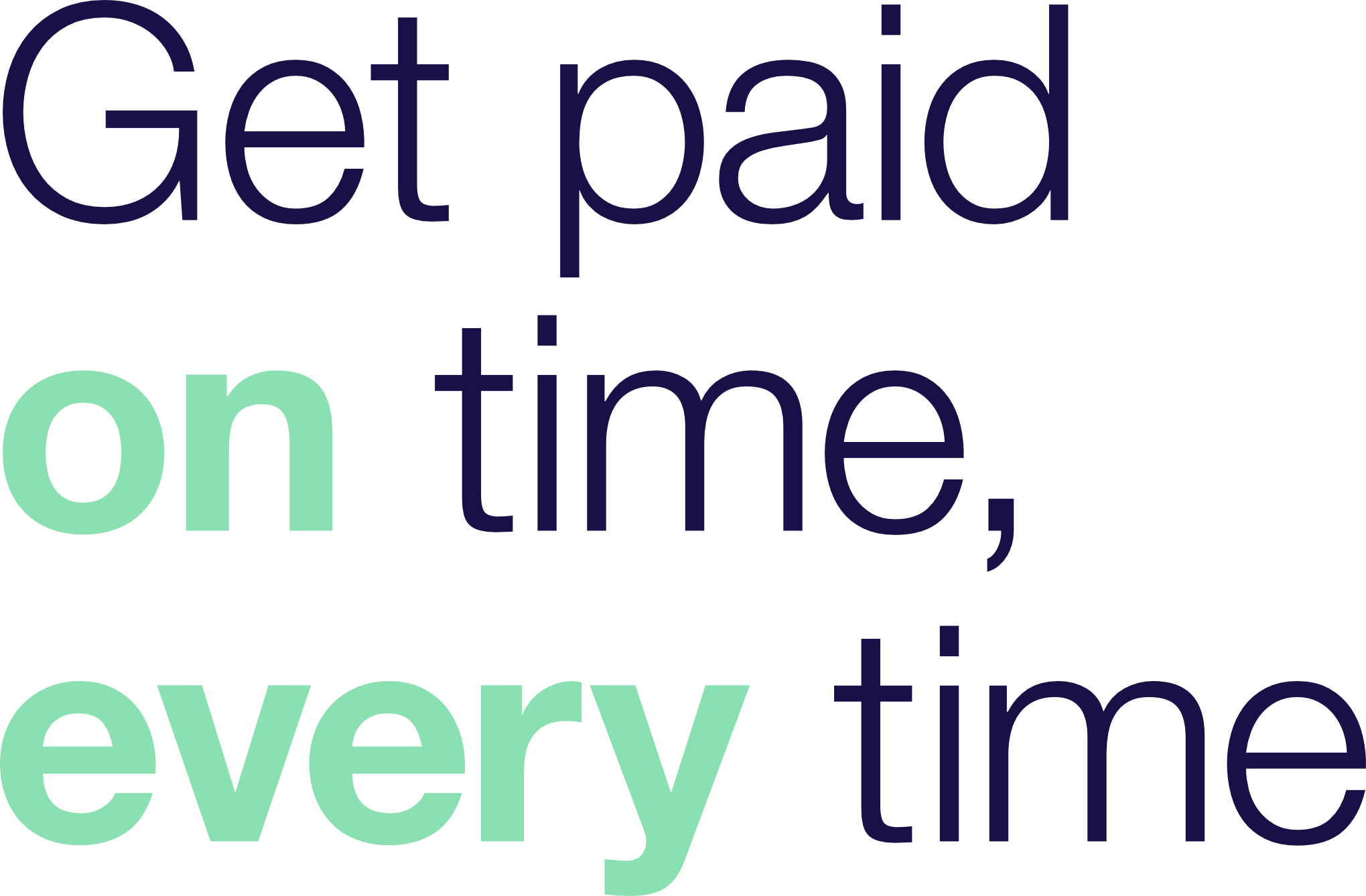 A word cloud with the phrase 'Get paid on time, every time' in different sizes and colors, including dark blue, light green, and purple.