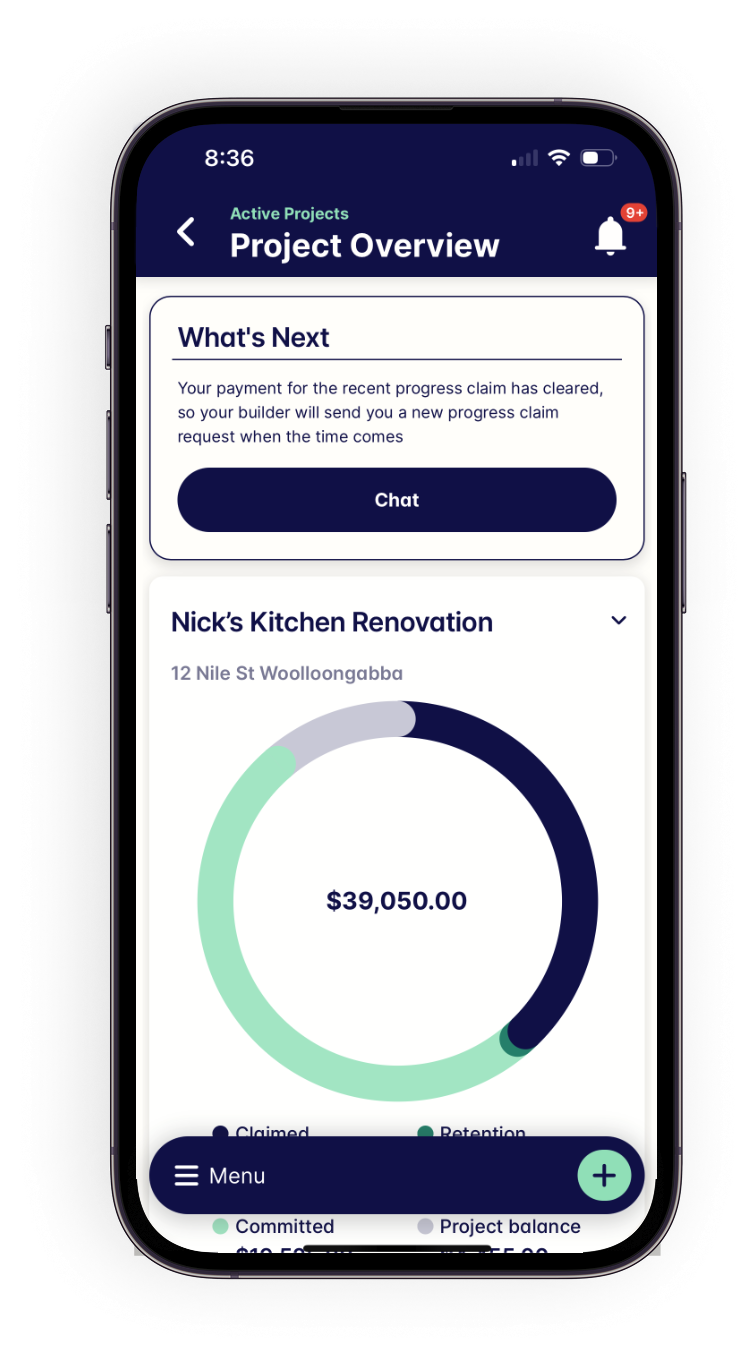 Mobile phone displaying a project overview app with sections for project updates and renovation costs, featuring a circular progress chart and notification icons.