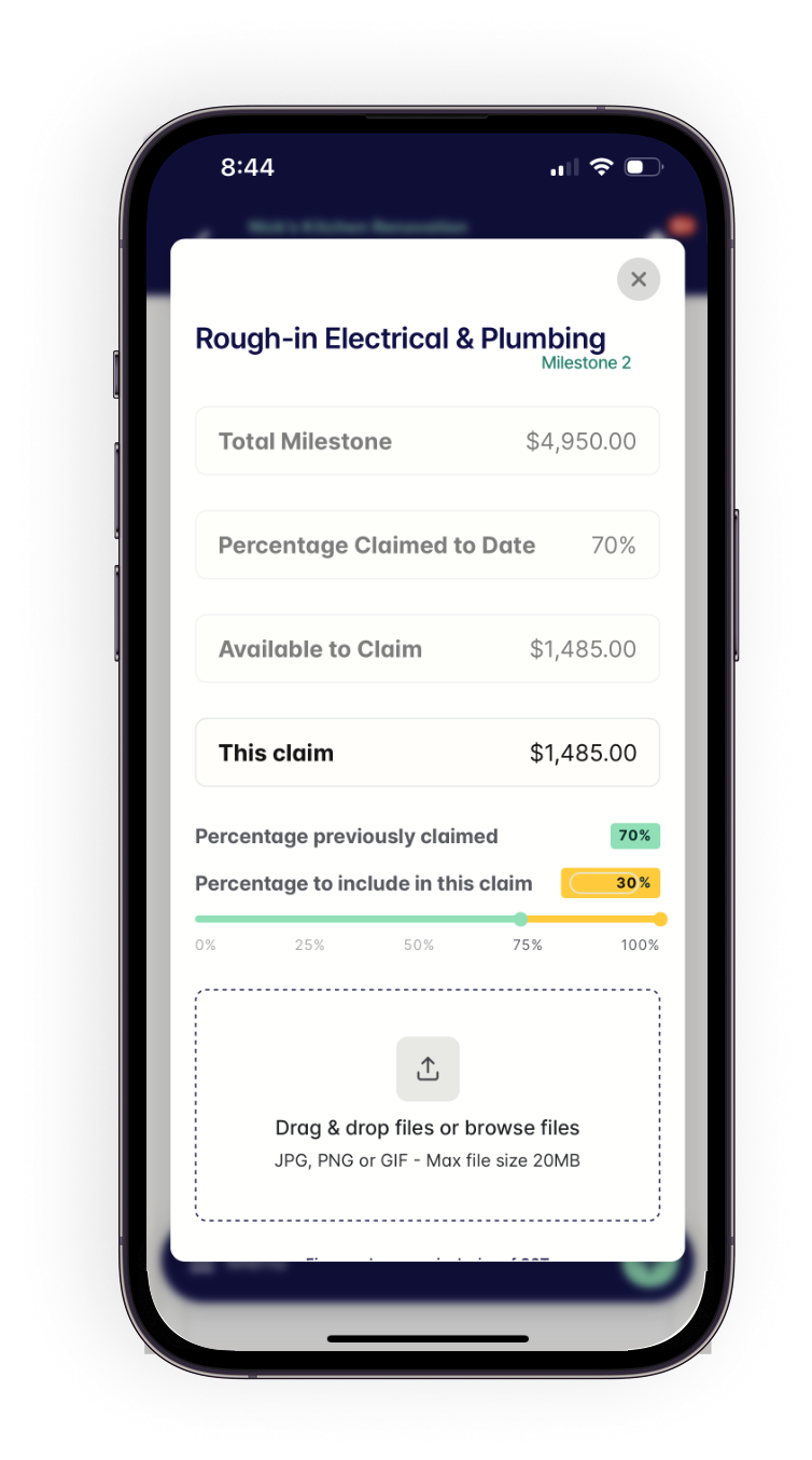 Mobile phone screen displaying an insurance claim page for electrical and plumbing work, showing total milestone, claimed percentage, available claim amount, and a drag-and-drop area for files.