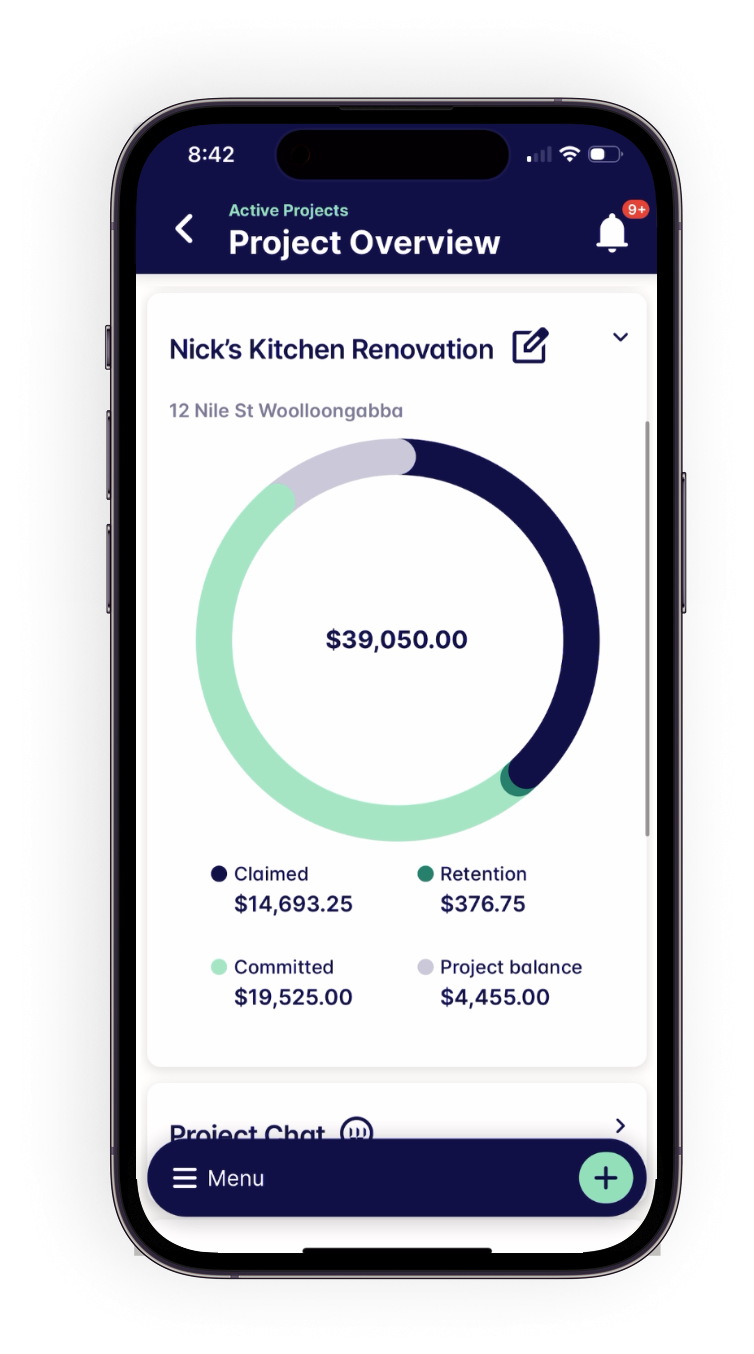 Mobile app screen showing a project overview for Nick's Kitchen Renovation with financial details and a circular progress chart.
