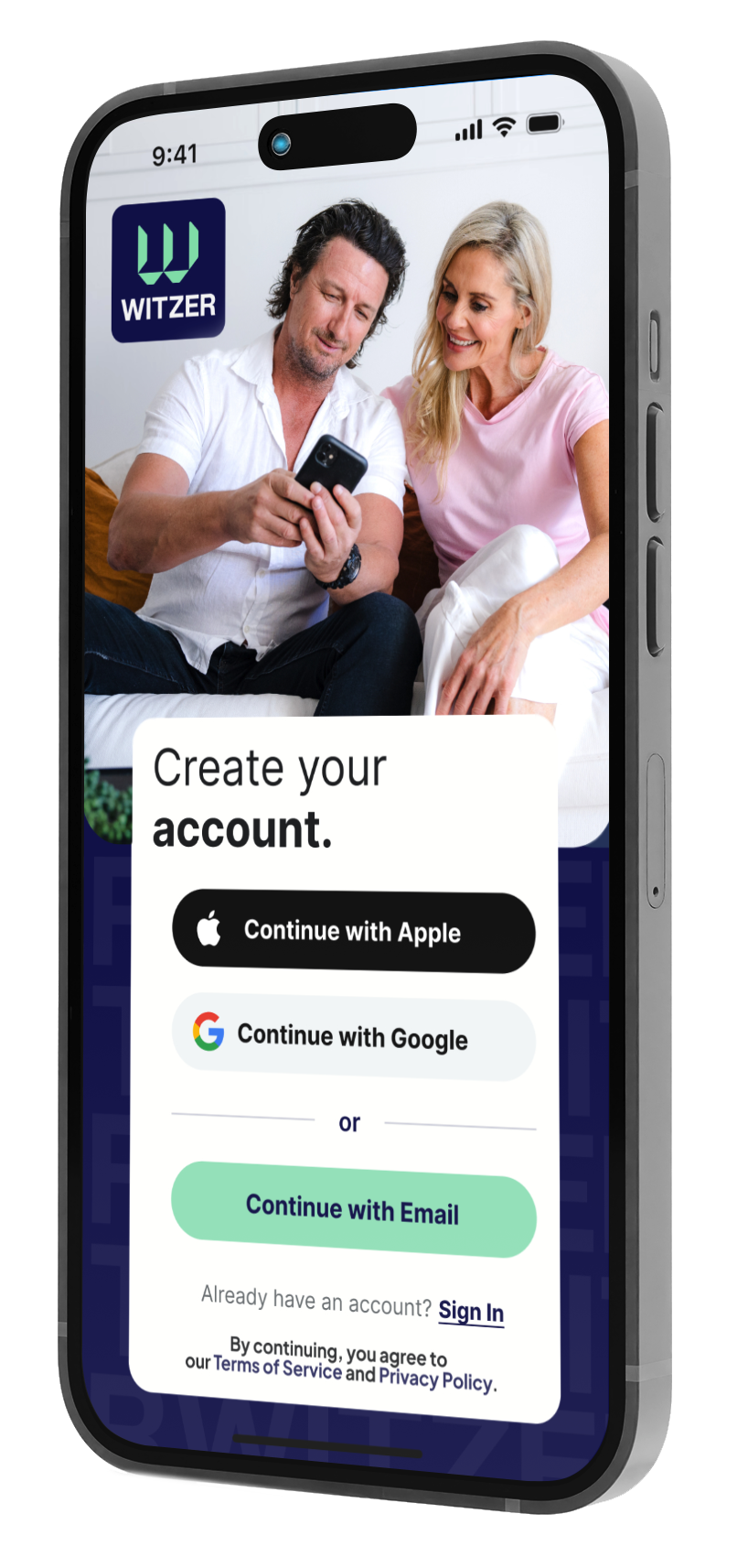 A smartphone screen displaying a sign-up page for an app with options to continue with Apple, Google, or Email, with a background image of a man and woman looking at a phone together.