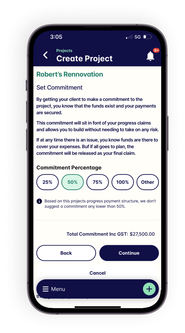 Mobile app screen showing project creation for "Robert's Rennovation," focusing on setting a payment commitment. The screen includes options to select commitment percentages (25%, 50%, 75%, 100%, Other), with a highlighted 50%. The total commitment amount is $27,500.00. Buttons for "Back," "Continue," and "Cancel" are at the bottom.