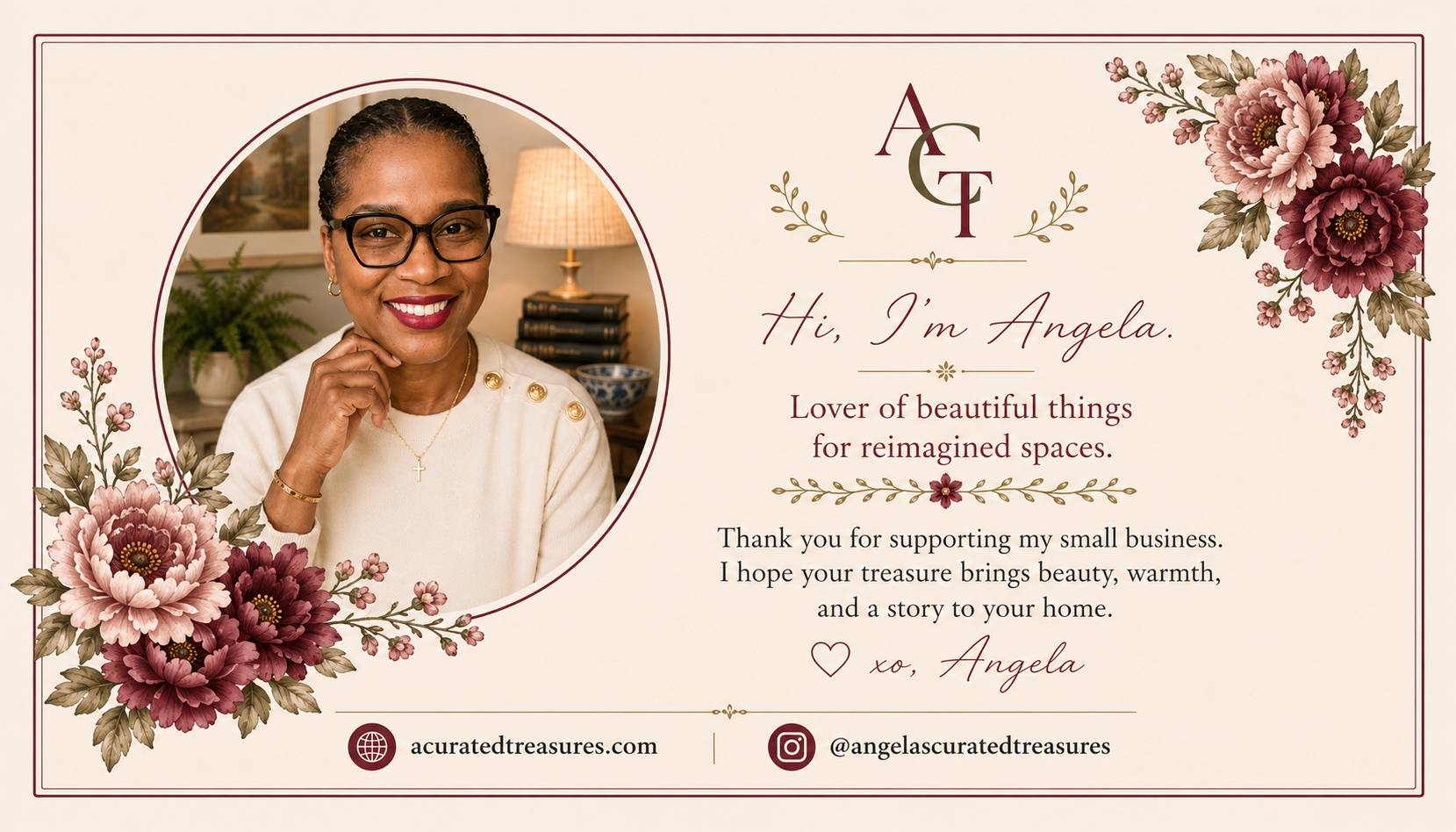 Business Card for Angela's Curated Treasures that gives the visitor a visual picture of the business owner