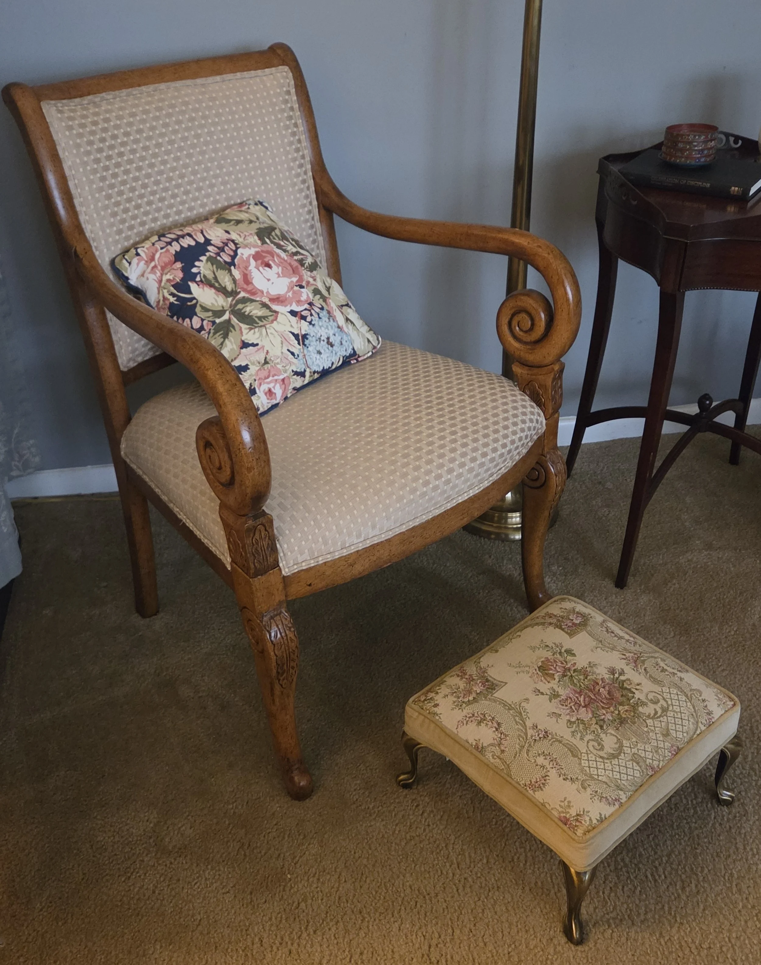 Vintage Floral Tapestry Footstool with Brass Tone Cabriole Legs
