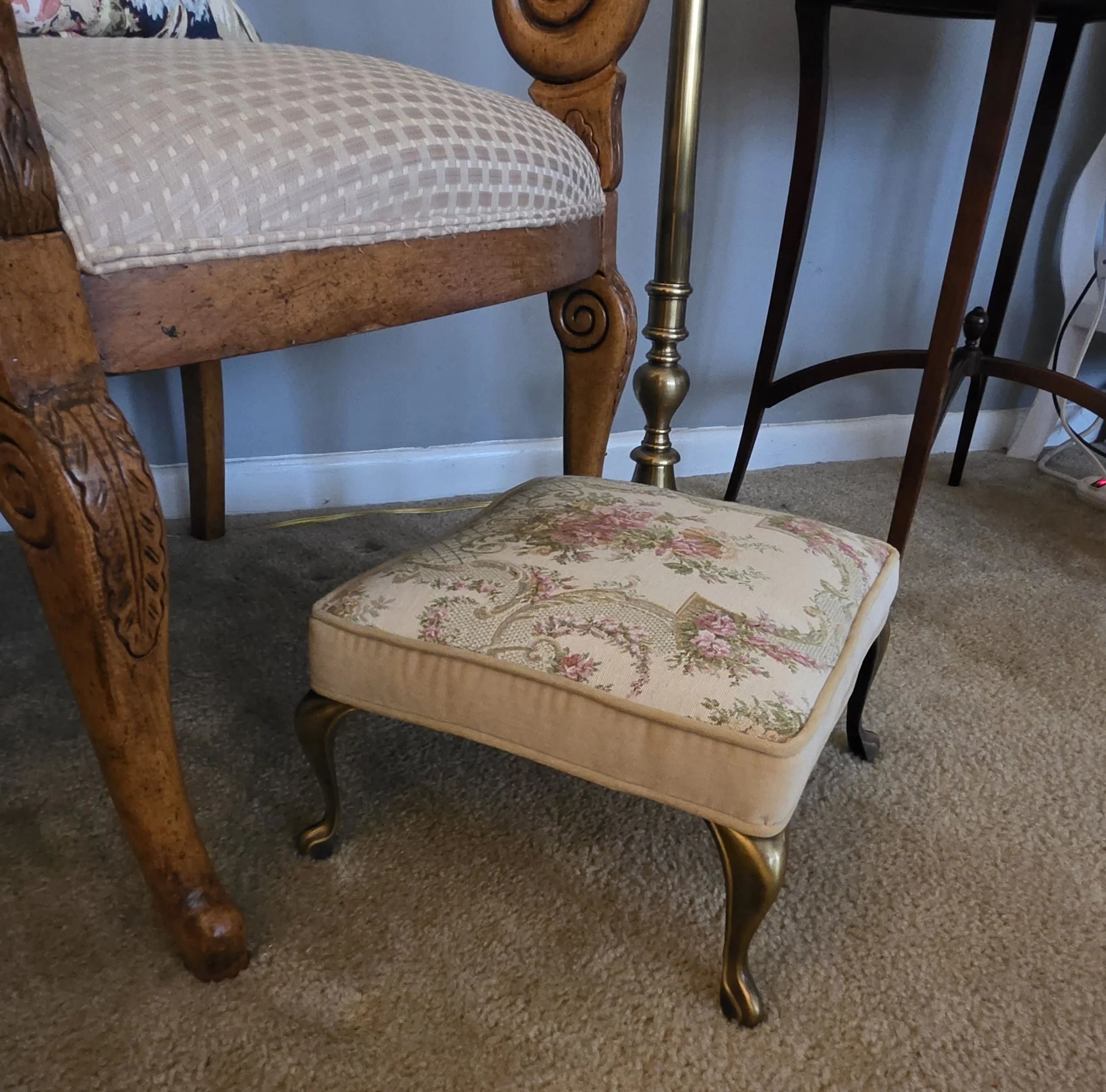 Vintage Floral Tapestry Footstool with Brass-Tone  Cabriole Legs