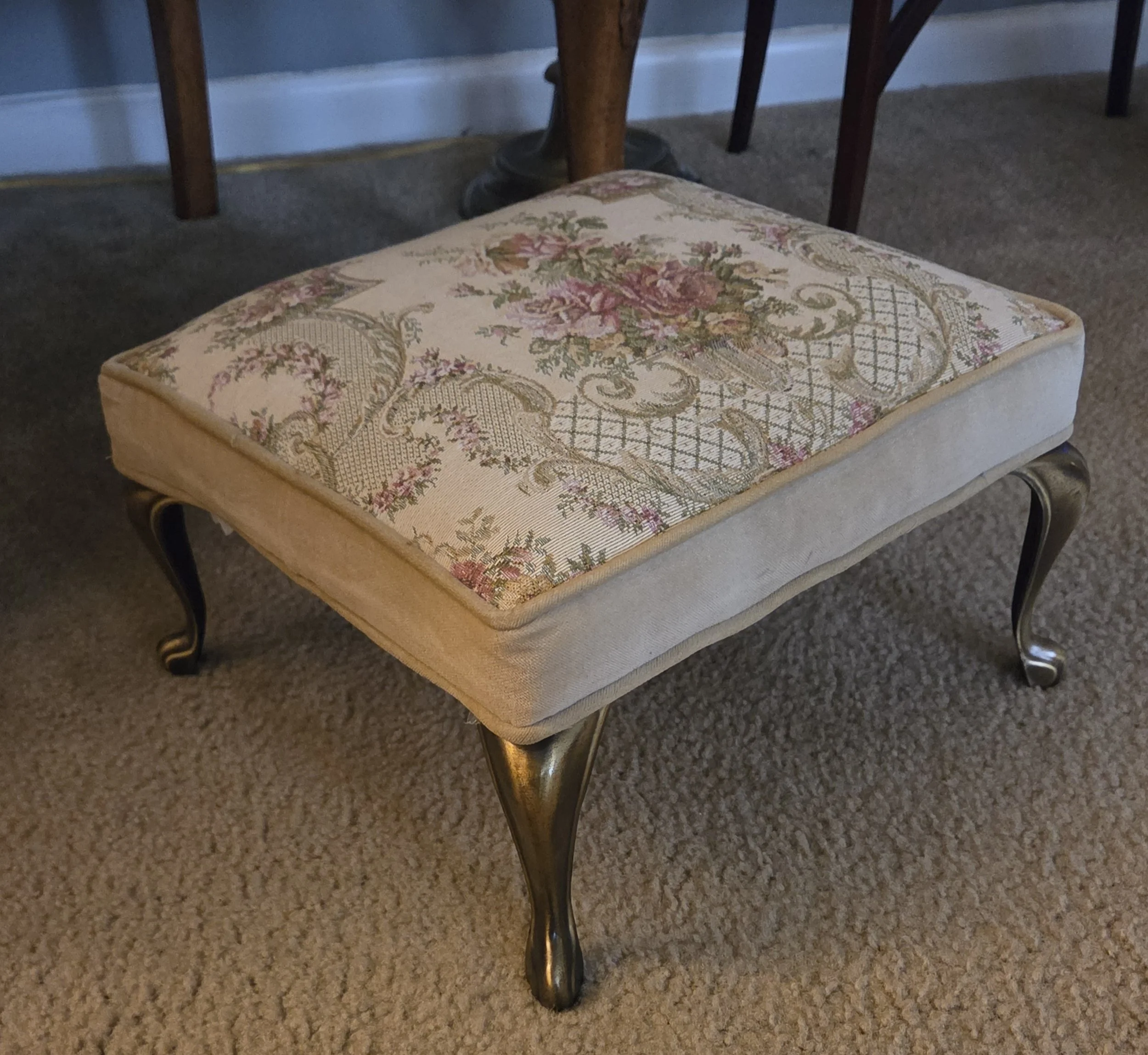 Vintage Floral Tapestry Footstool with Brass Tone Cabriole Legs
