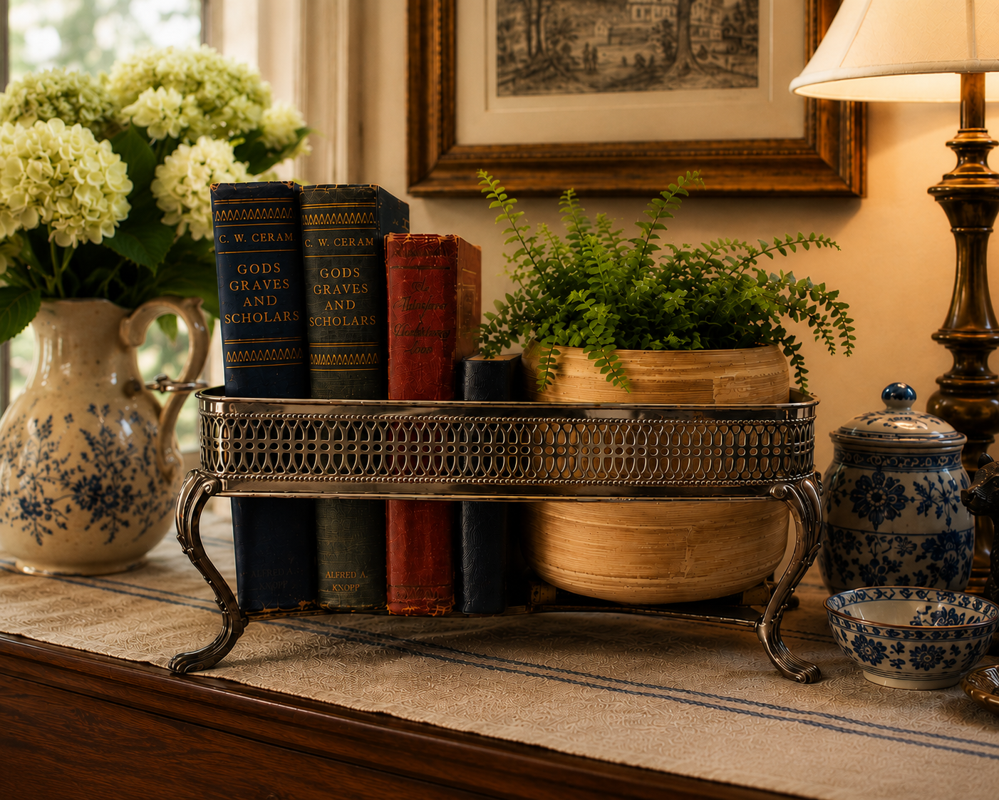 Styled decor of vintage books and a plant inside a miniature chafing dish.