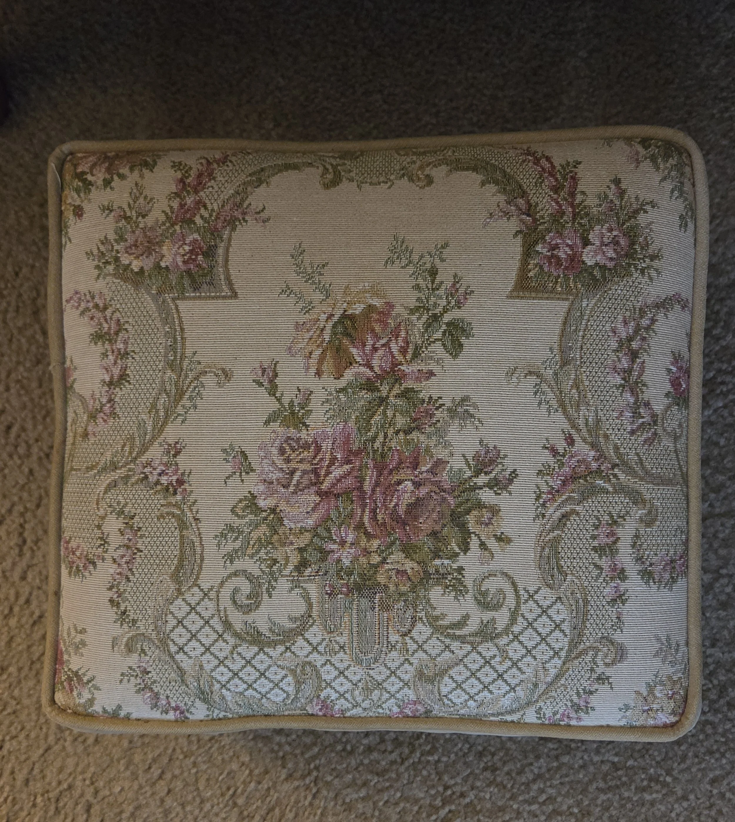 Vintage Floral Tapestry Footstool with Brass Tone Cabriole Legs