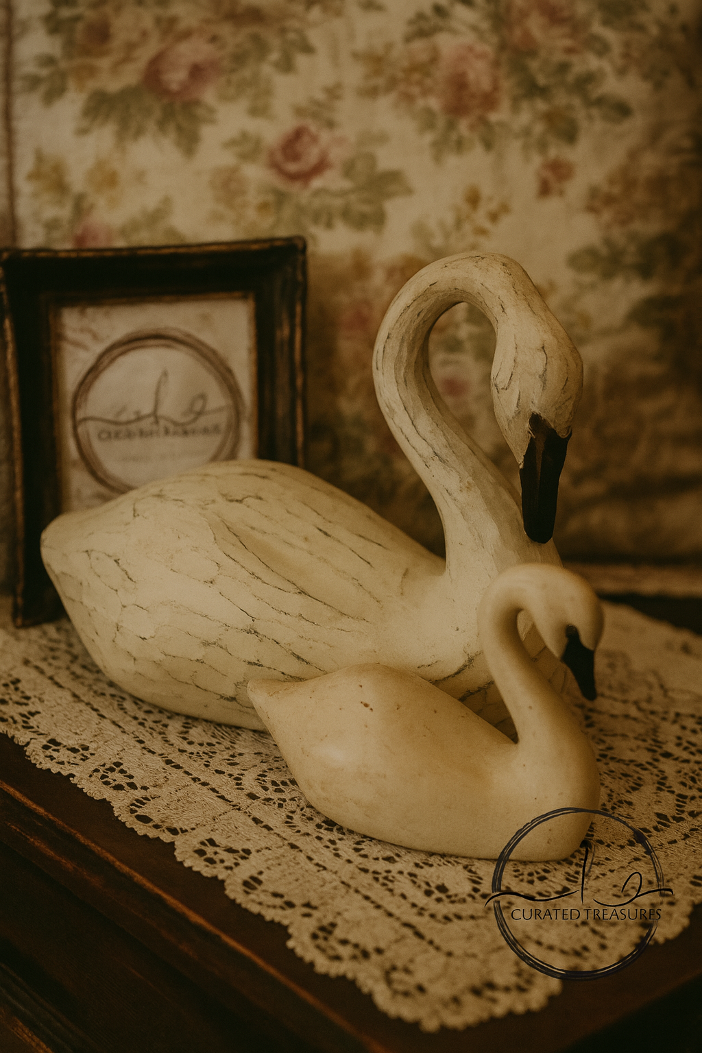 Decorative vintage-style scene featuring two white ceramic swan figurines with black beaks, placed on a lace tablecloth with a floral patterned wallpaper in the background. A framed picture or label is partially visible behind the swans.
