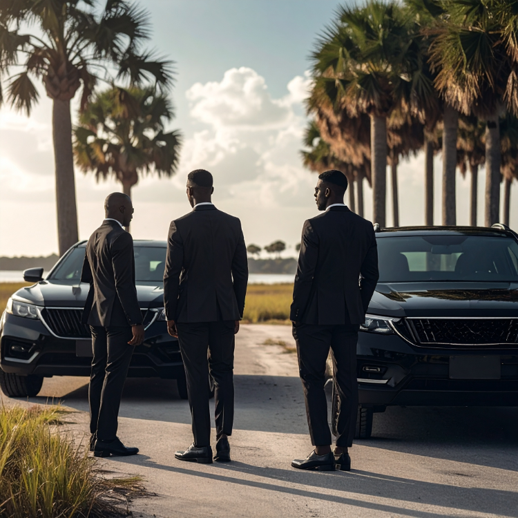 Three men in formal suits standing between two black luxury cars on a road with palm trees and water in the background.