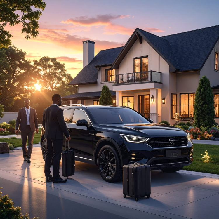 Two men in suits with rolling suitcases standing outside a large, modern house at sunset, with a black SUV parked in the driveway.