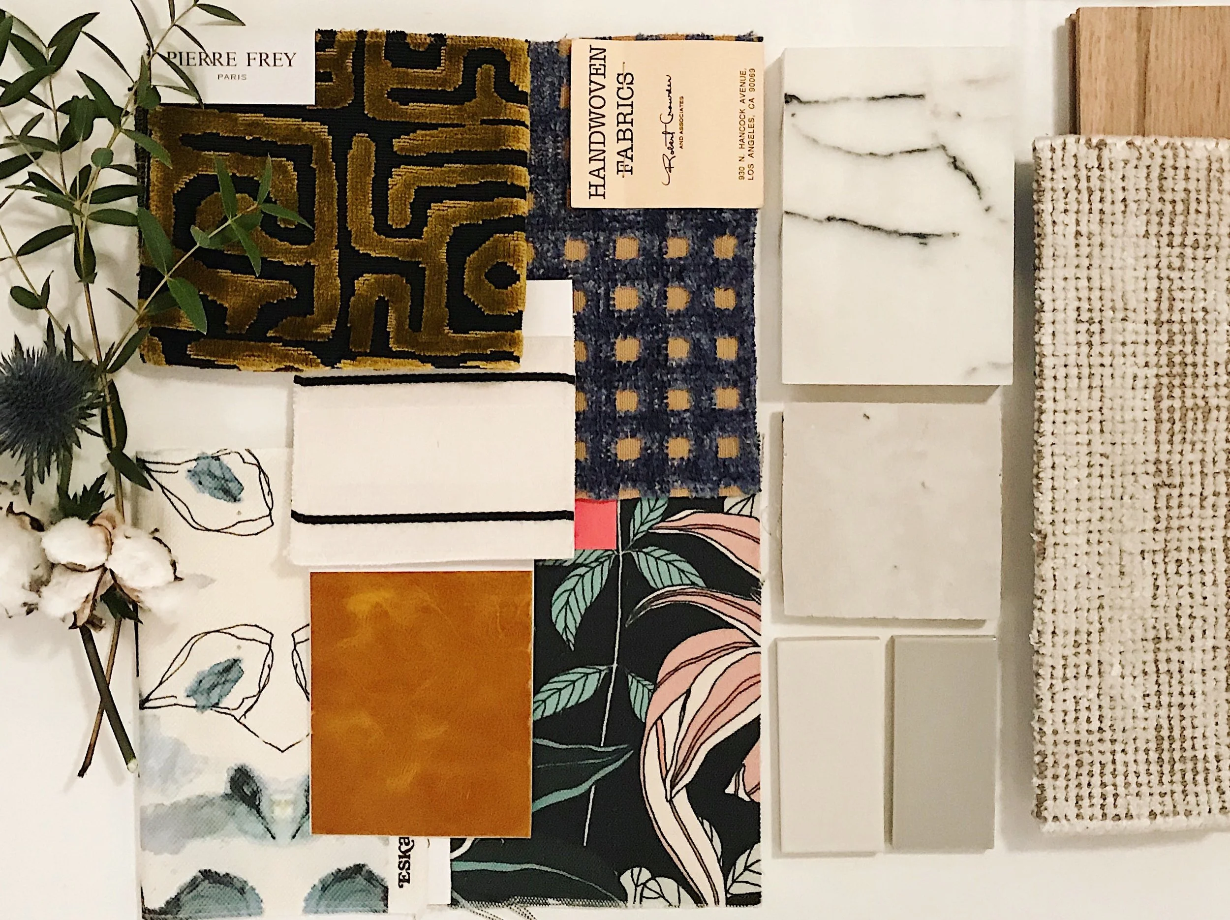 Flat lay scheme showing elements for interior design project and scheme from studio ness