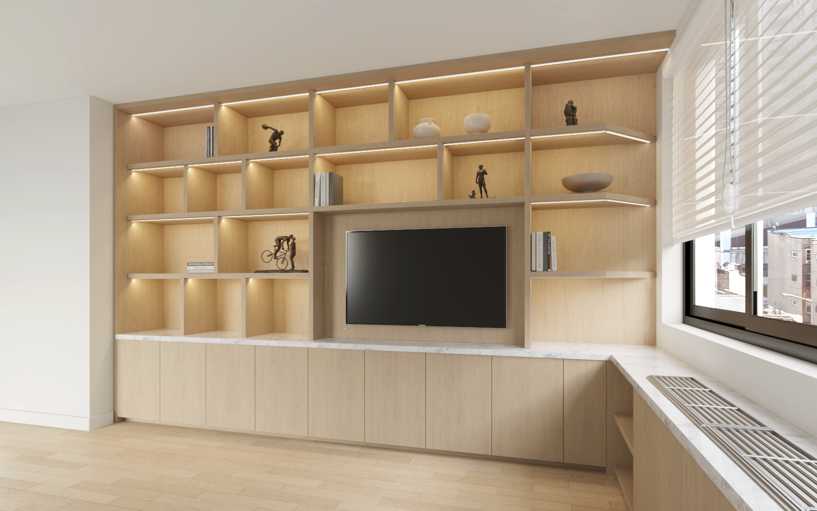 3D Render of living room built in bookcase in manhattan small space apartment