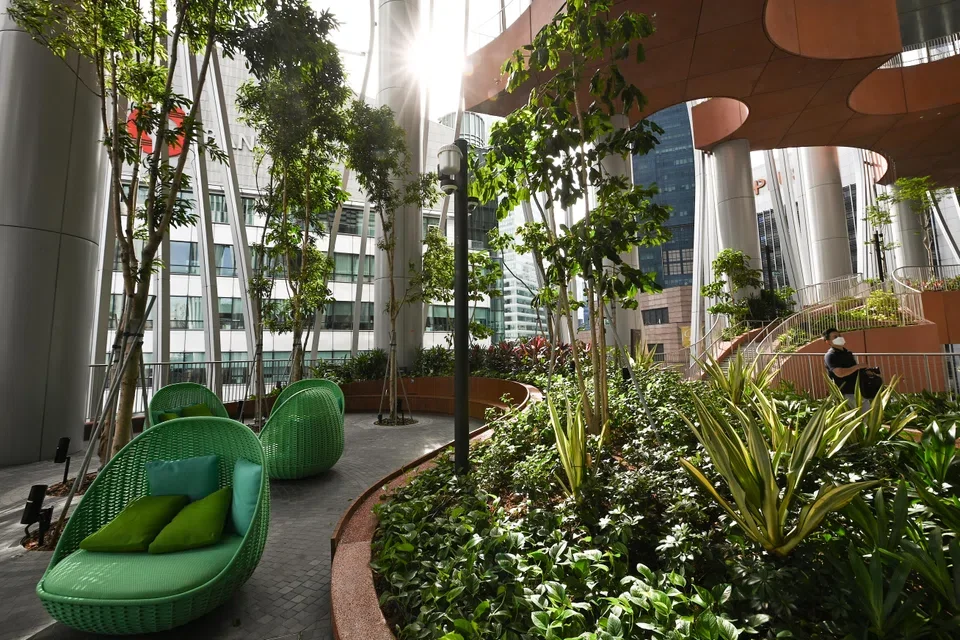 Indoor urban garden with green chairs, lush plants, trees, and tall windows letting in sunlight.