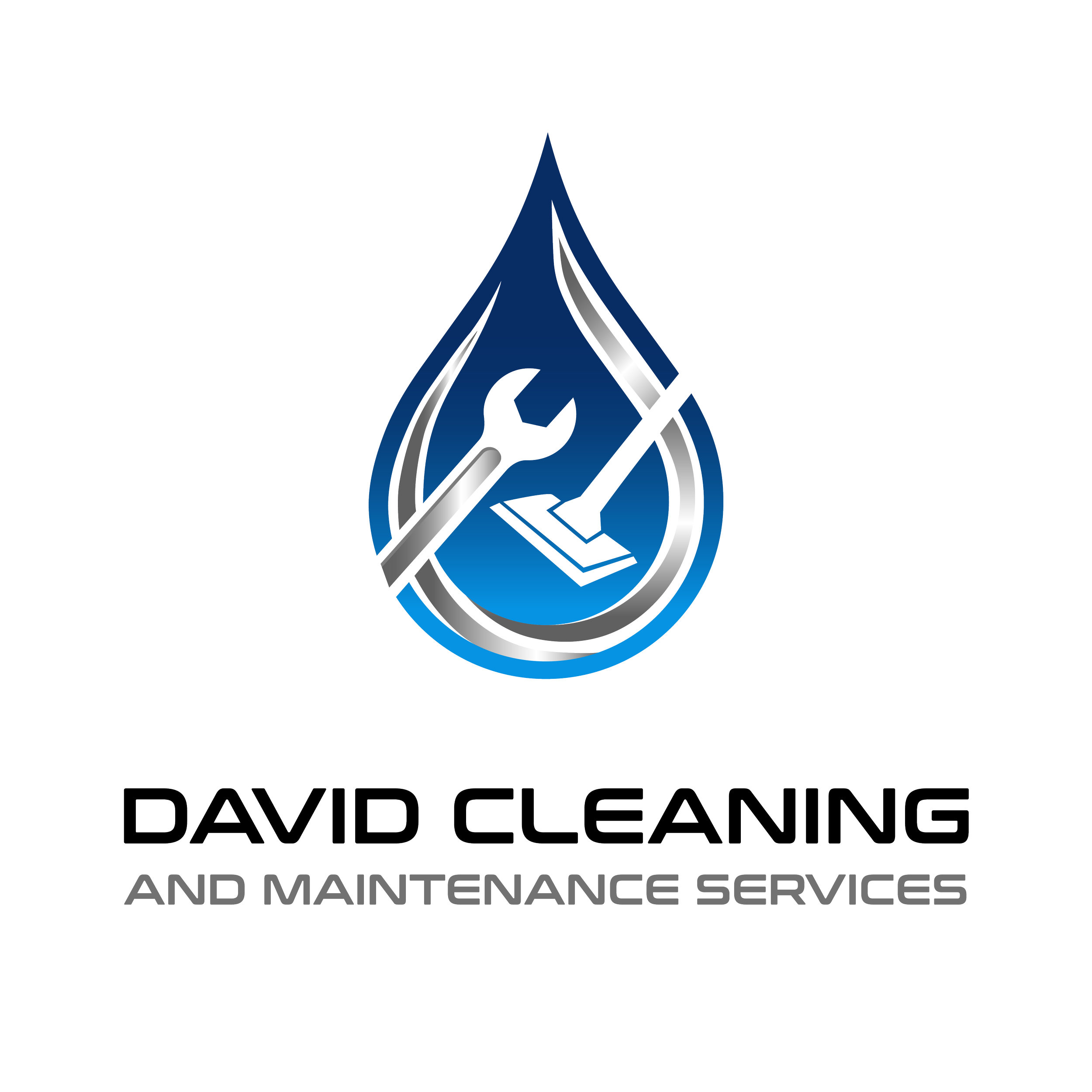 Logo for David Cleaning and Maintenance Services with a drop shape containing tools including a wrench and screwdriver, and text in metallic style.