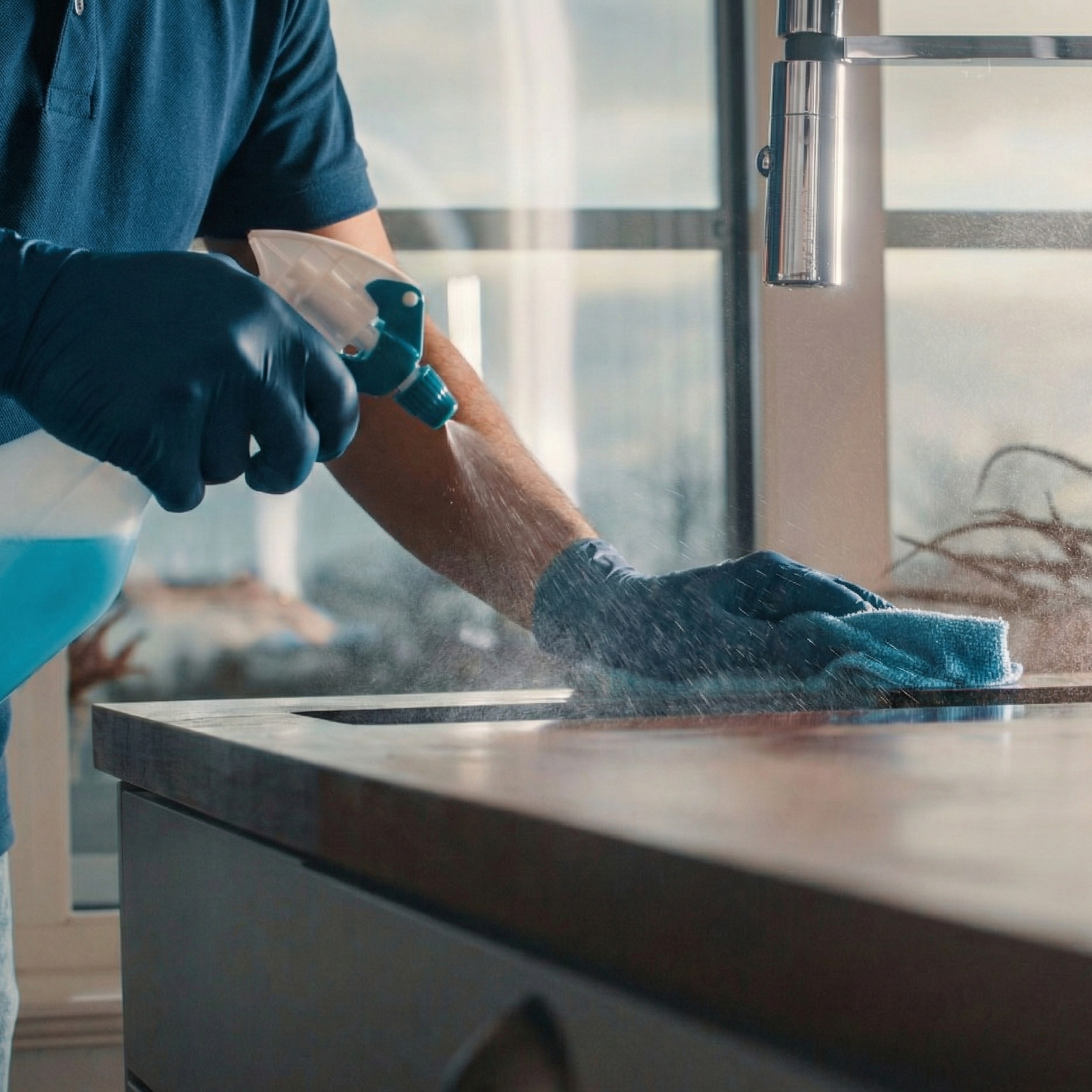 A person wearing black gloves uses a spray bottle to clean a kitchen countertop with a cloth.