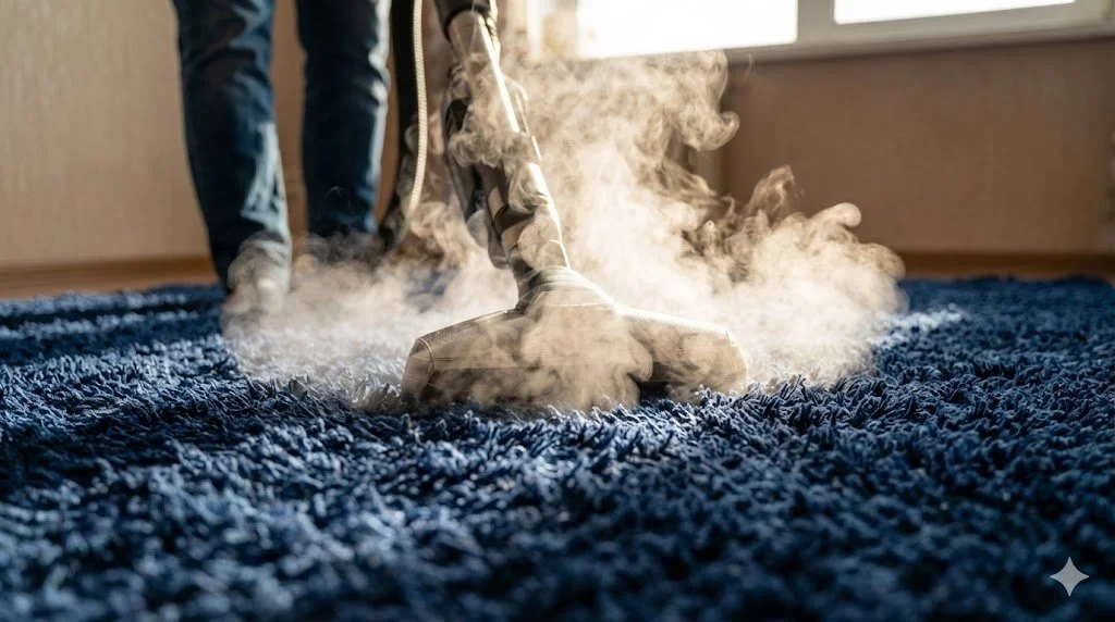 Person using a steam cleaner on a blue shaggy carpet, with steam visibly rising.