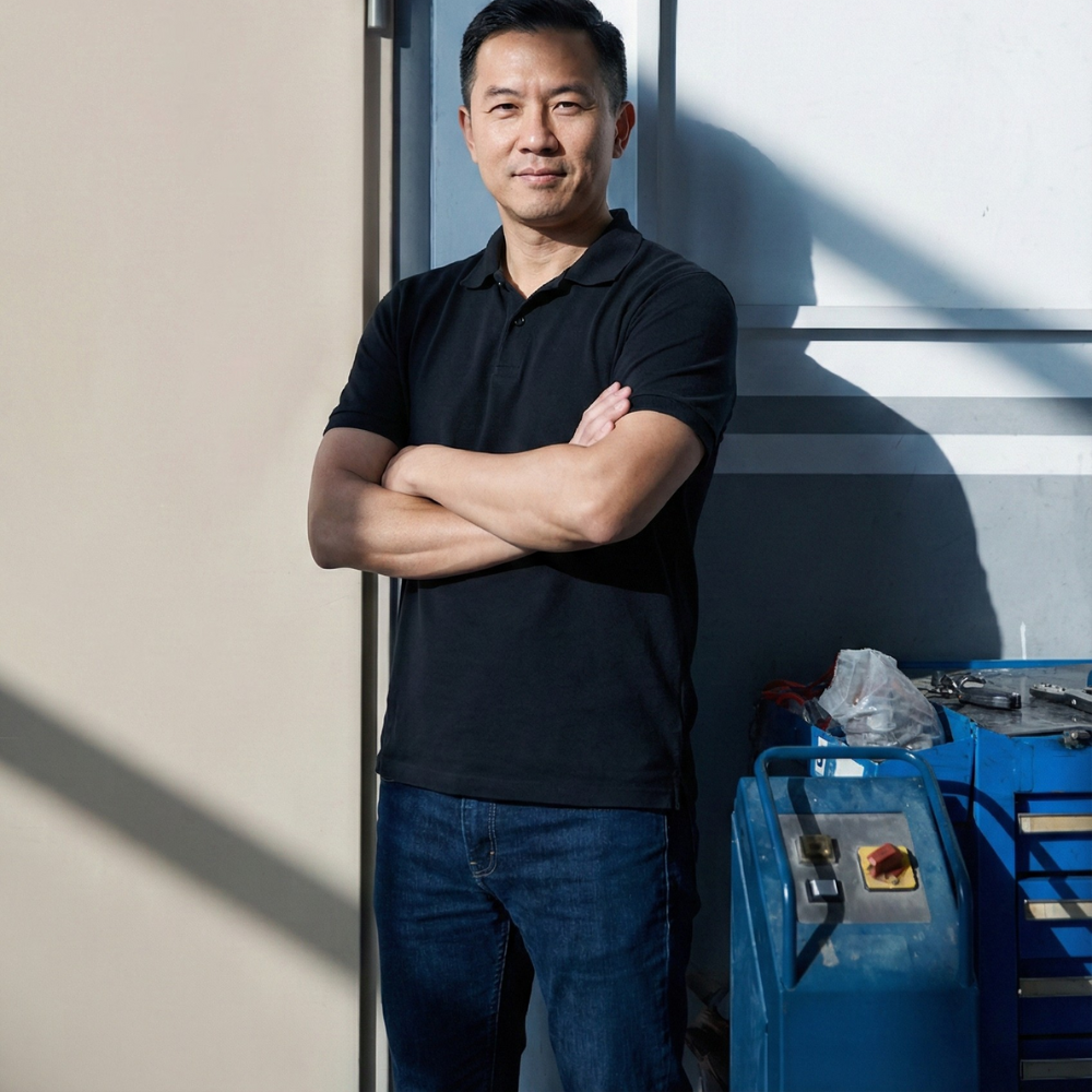 A man with arms crossed, standing next to a white wall and a blue industrial machine, with sunlight casting a shadow behind him.