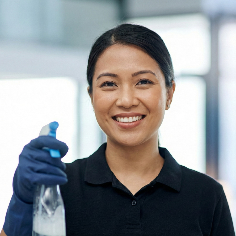 Woman smiling in a black uniform holding a spray bottle, wearing blue gloves, in a bright indoor setting.