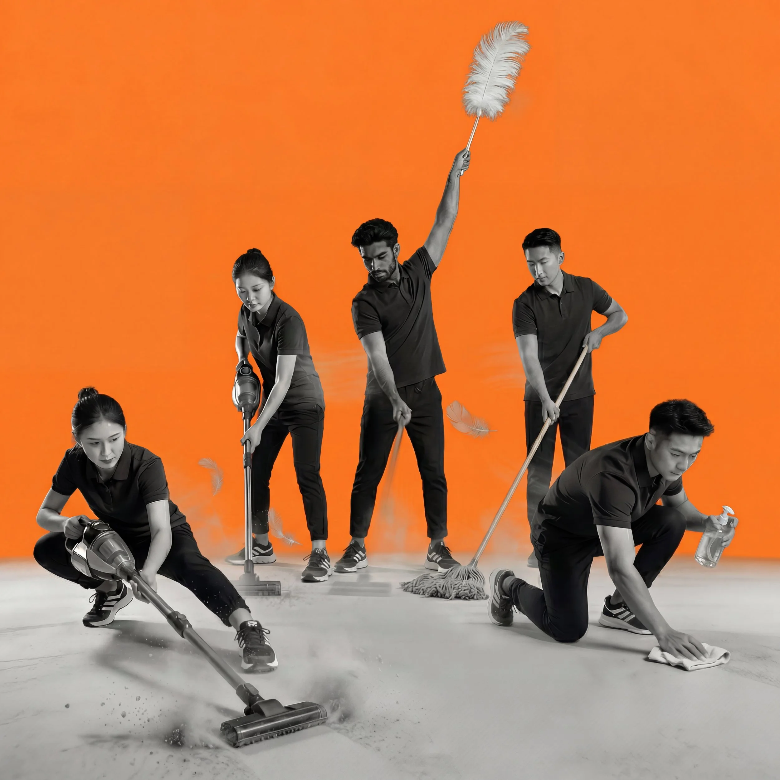 Five team members in black shirts cleaning the floor, with one vacuuming, one sweeping, one wiping with a cloth, one mopping, and another with a feather duster, against an orange background.