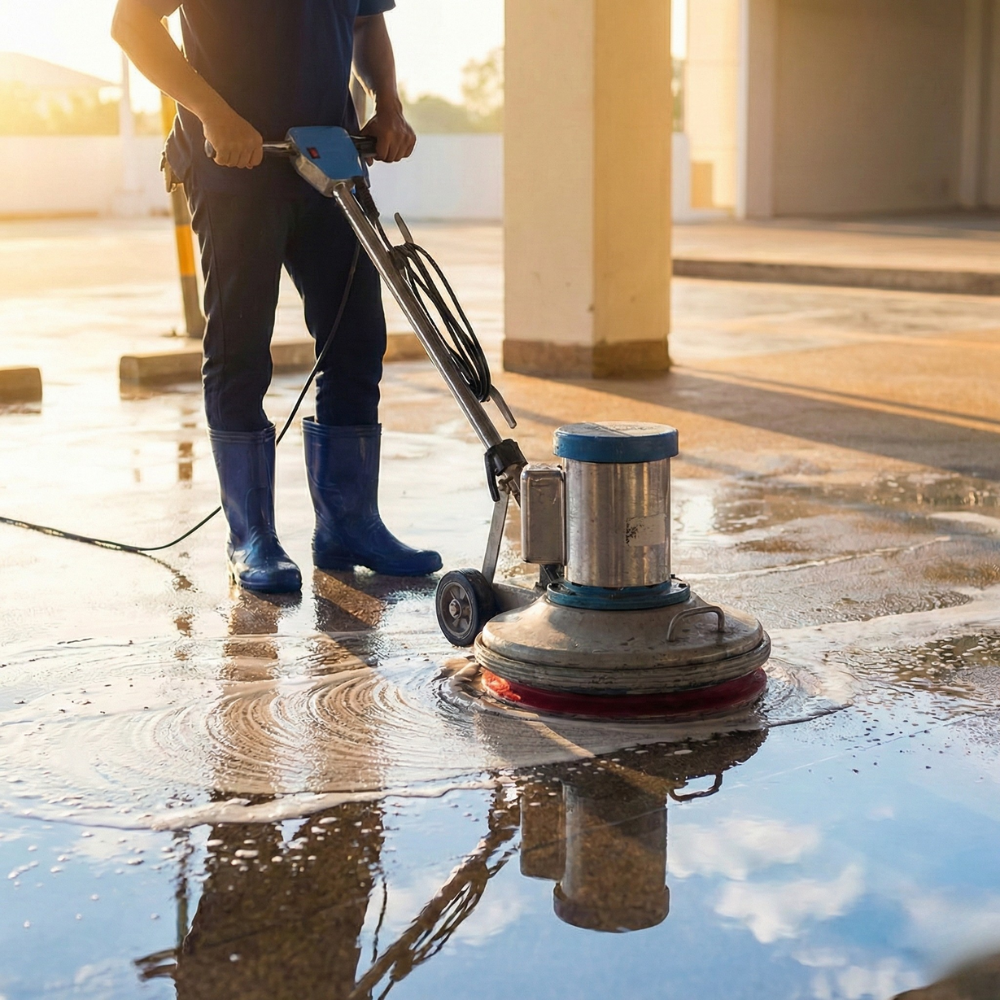 A person with blue rain boots uses a floor scrubber to clean a wet concrete parking garage floor during sunset.